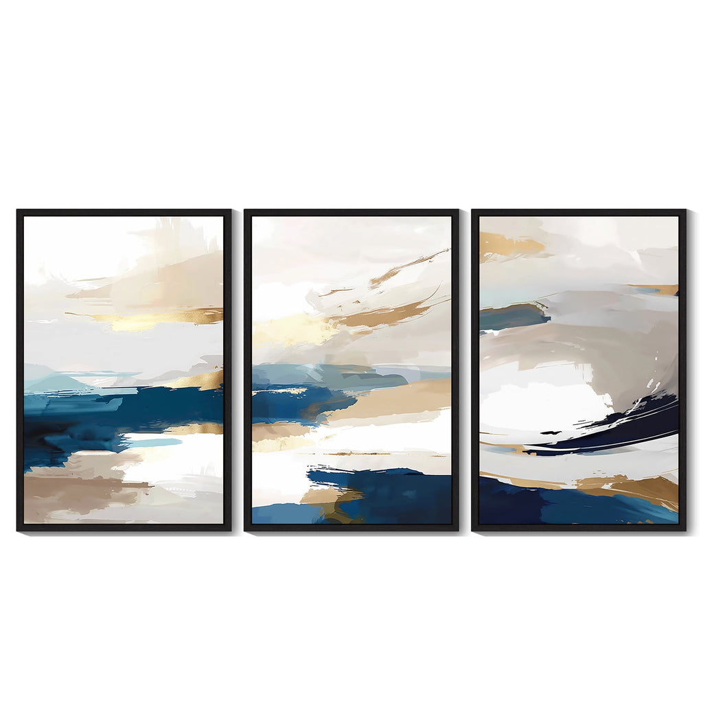 Drsoum Large Blue Abstract Wall Art 24x36in3pcs Black Framed Modern Minimalist Painting Decor Graffiti Artwork