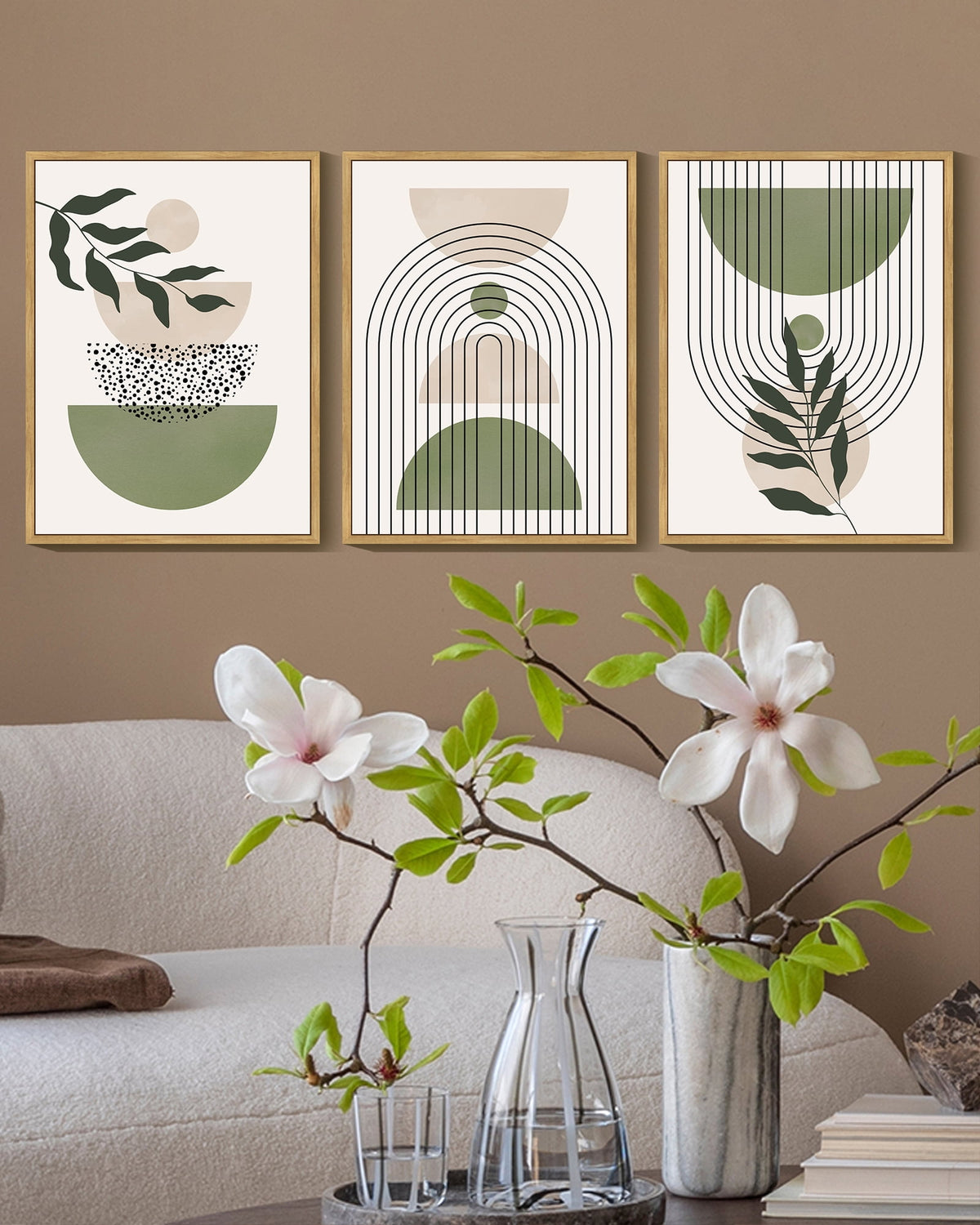 Drsoum Bohemia Art Modern Prints Framed Bohemain Printing Abstract with Leaf & Sun Lines Decor 11x14in3pcs Natural