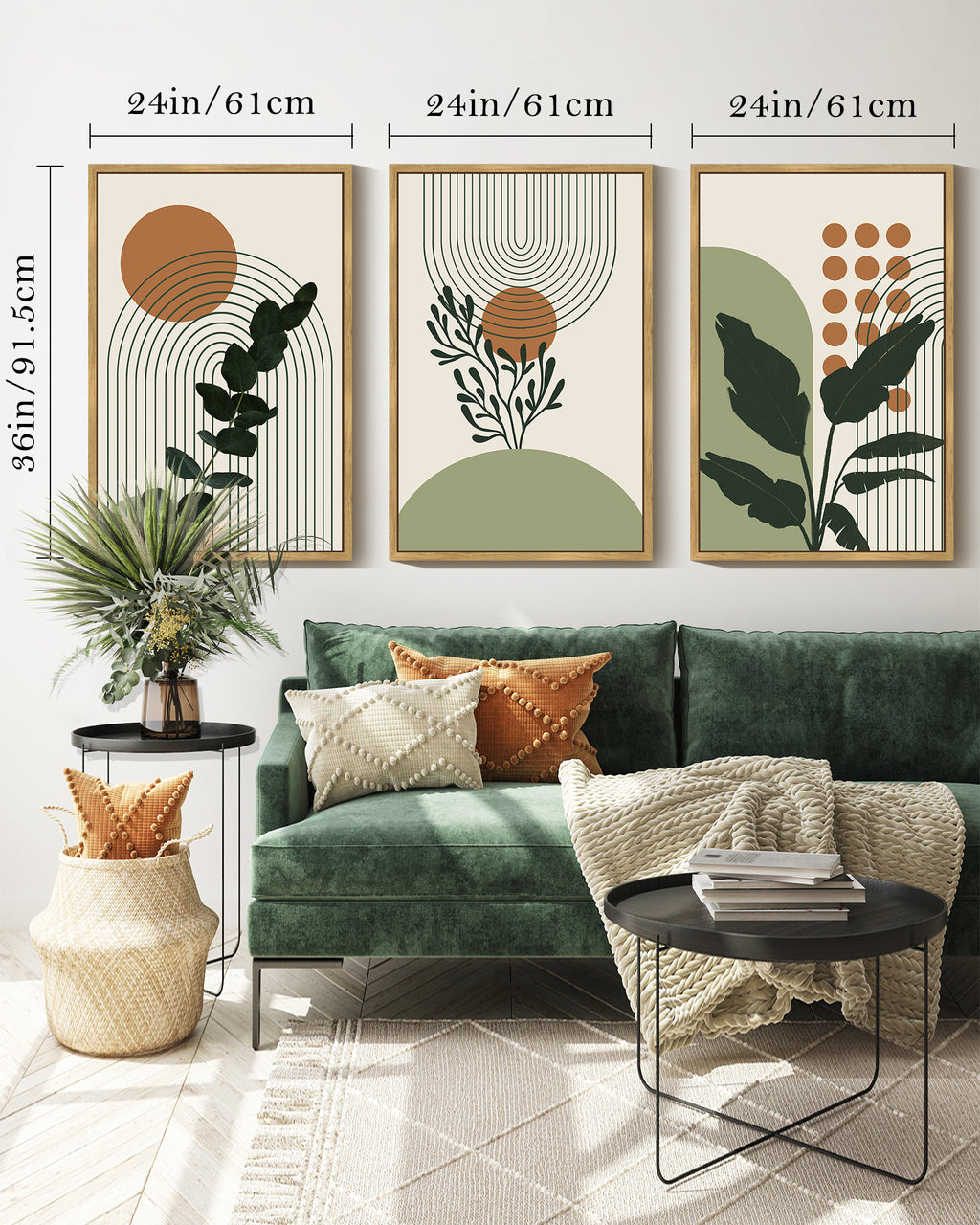 Green Botanical Bohemain Wall Boho Plant Wall Art Printing Abstract Canvas Prints with Leaf & Sun Lines for Office Dining Room Hallway 24x36in Natural Framed