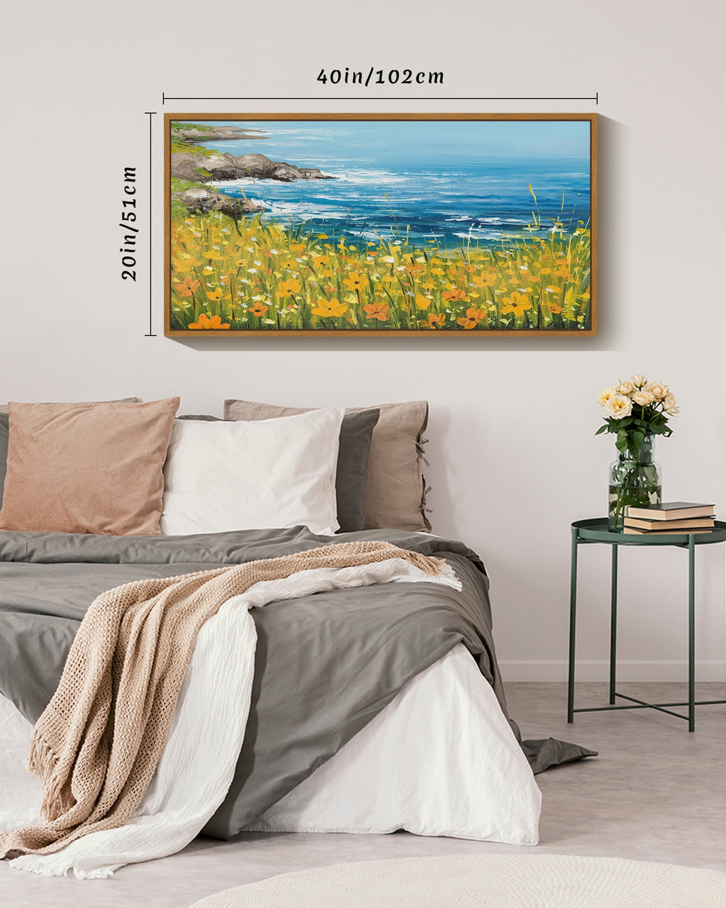 Drsoum 20x40in Natural Framed Landscape wildflowers Wall Art seascape Wall Prints Farmhouse Hallways Dining Rooms Bedroom Living Rooms Decor