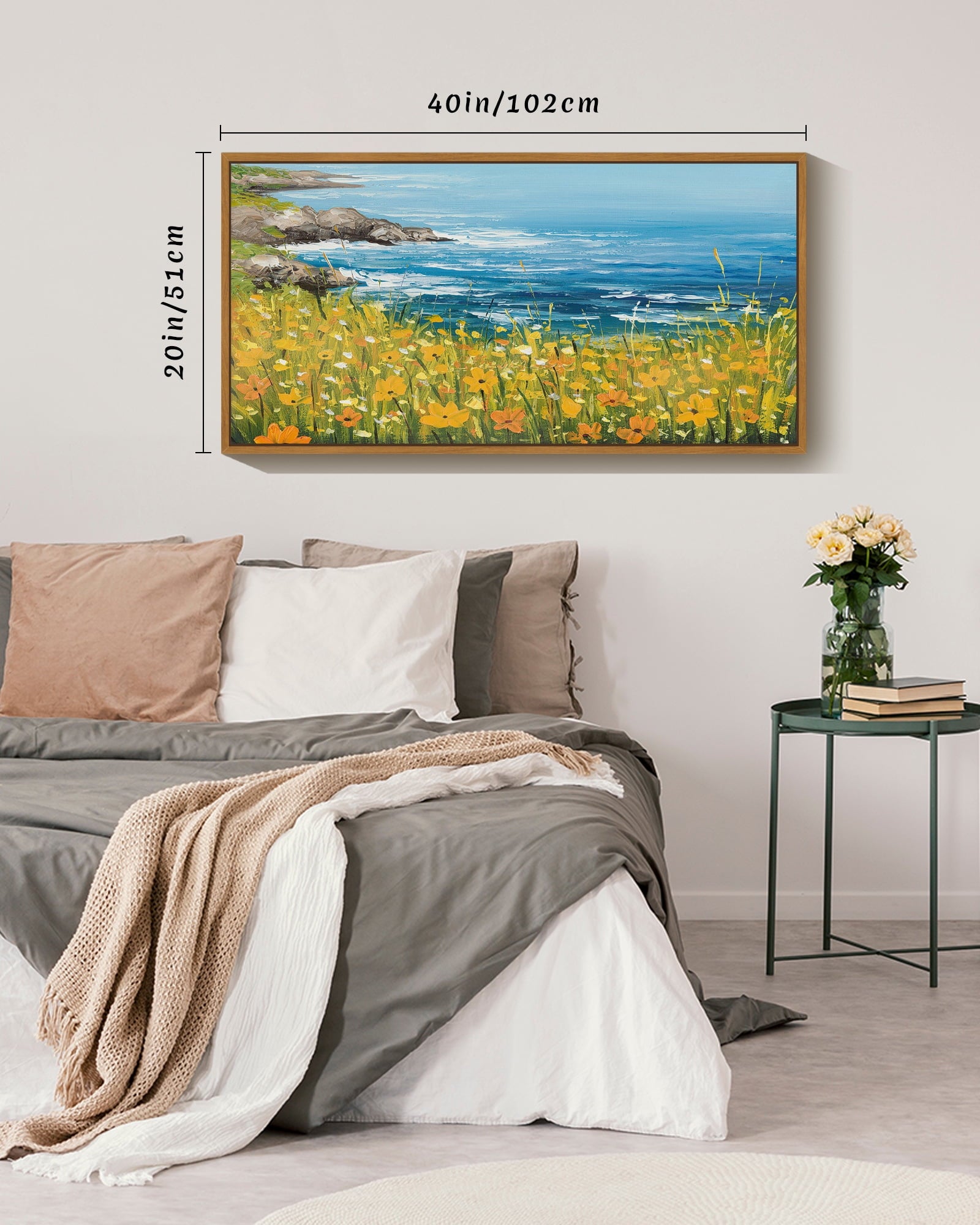 Drsoum 20x40in Natural Framed Landscape wildflowers Wall Art seascape Wall Prints Farmhouse Hallways Dining Rooms Bedroom Living Rooms Decor
