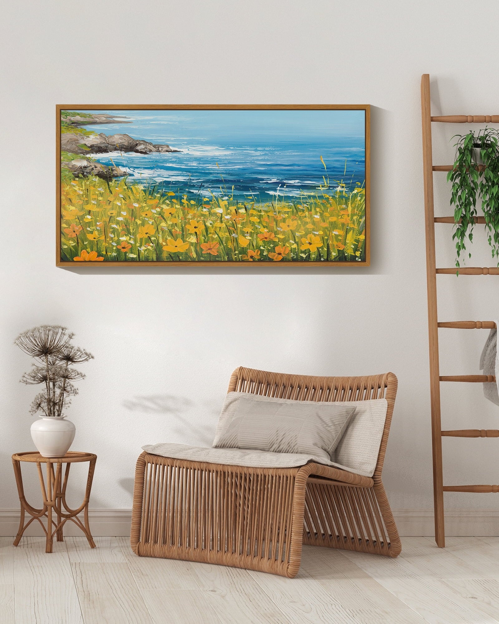 Drsoum 20x40in Natural Framed Landscape wildflowers Wall Art seascape Wall Prints Farmhouse Hallways Dining Rooms Bedroom Living Rooms Decor