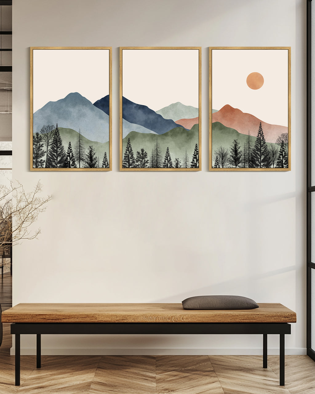Drsoum Large 24x36in3pcs Natural Framed Mountain Wall Art Classic Retro Floral Wall Prints Farmhouse Kitchen Hallway Bedroom Decor