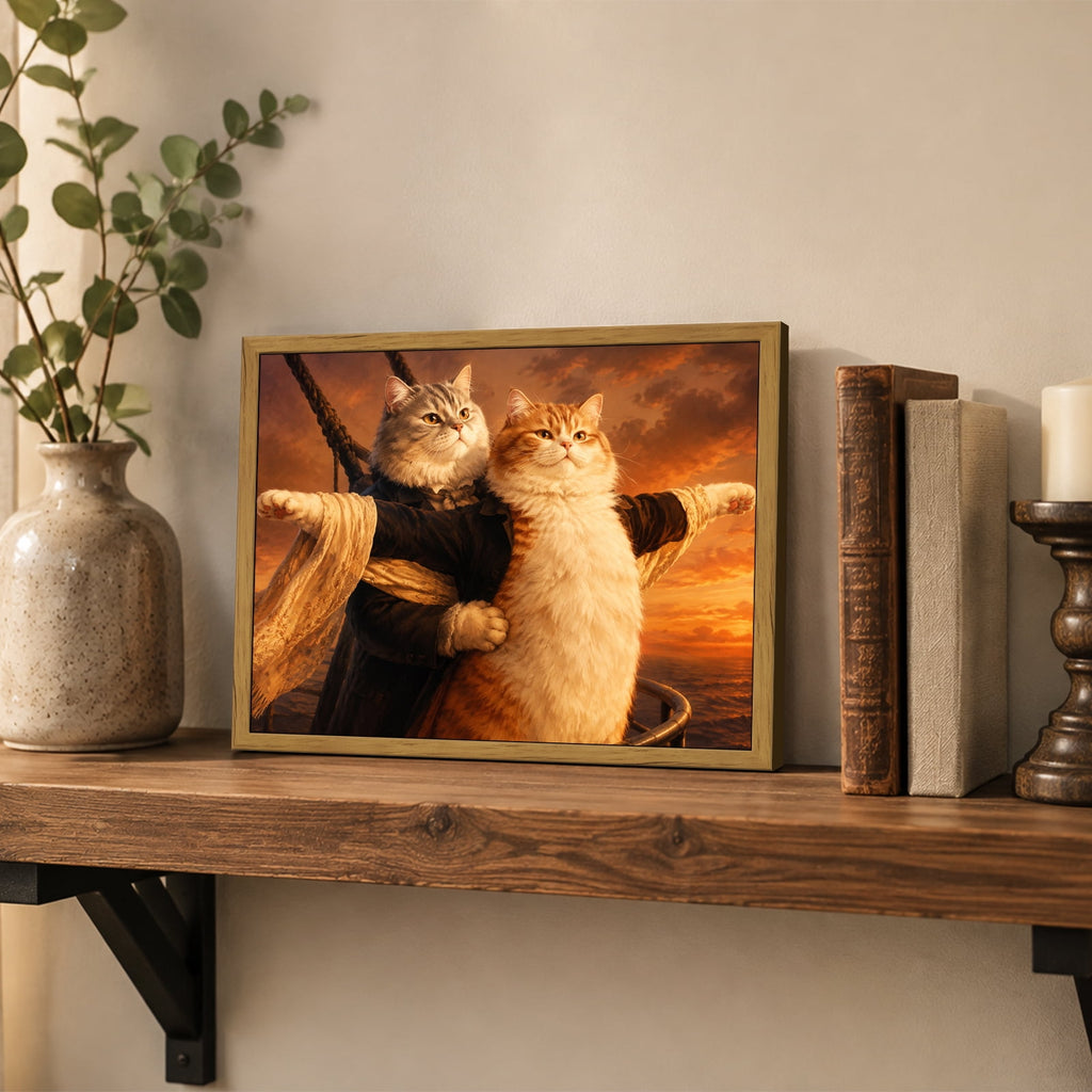 Drsoum Titanic Cat Wall Art Funny Romantic Pet Decor for Living Room 8x10 Inch Framed Canvas Prints