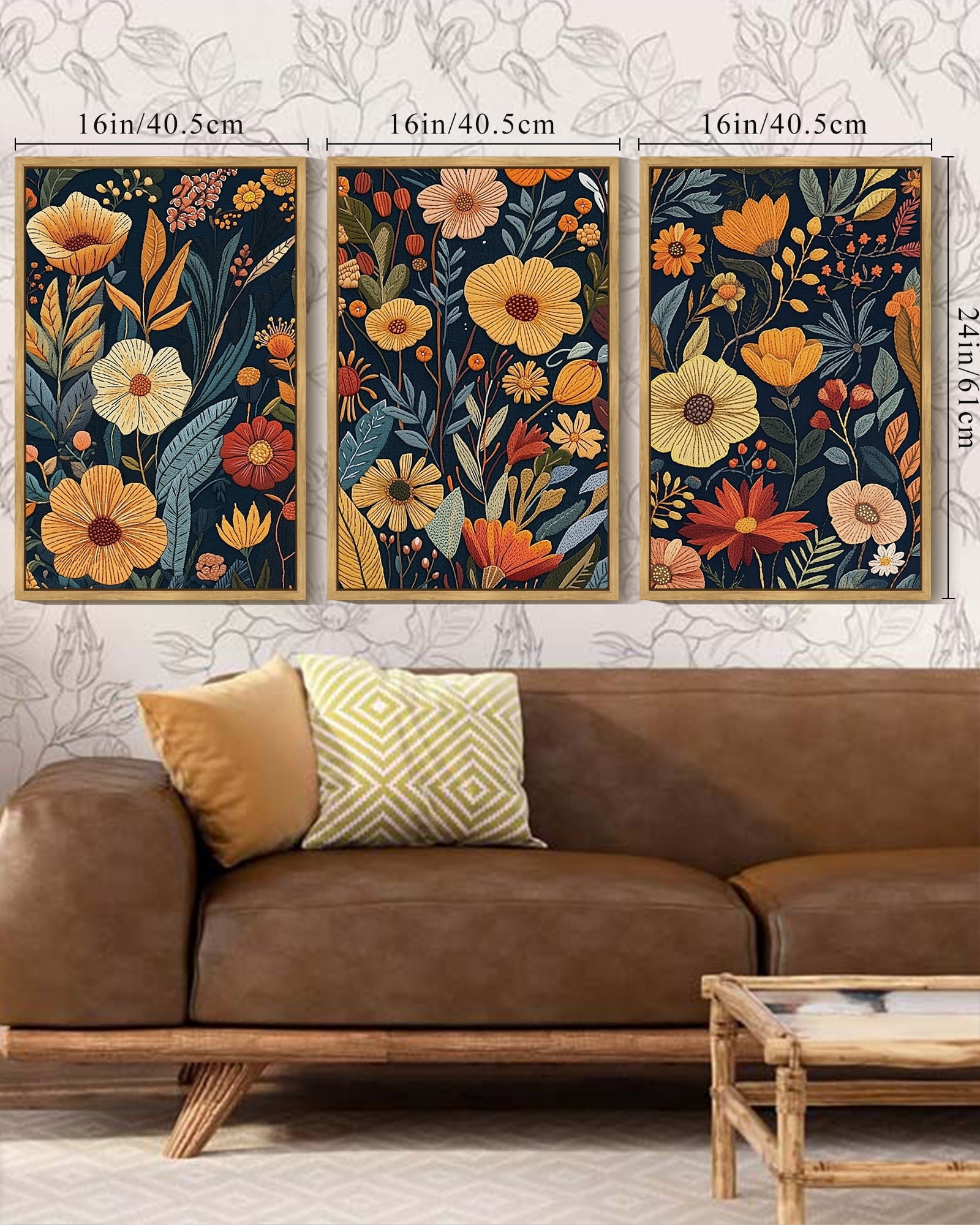 Drsoum Flower wall Art 16x24in3pcs Natural Framed Floral Wildflowers Decor for Bedroom living Room