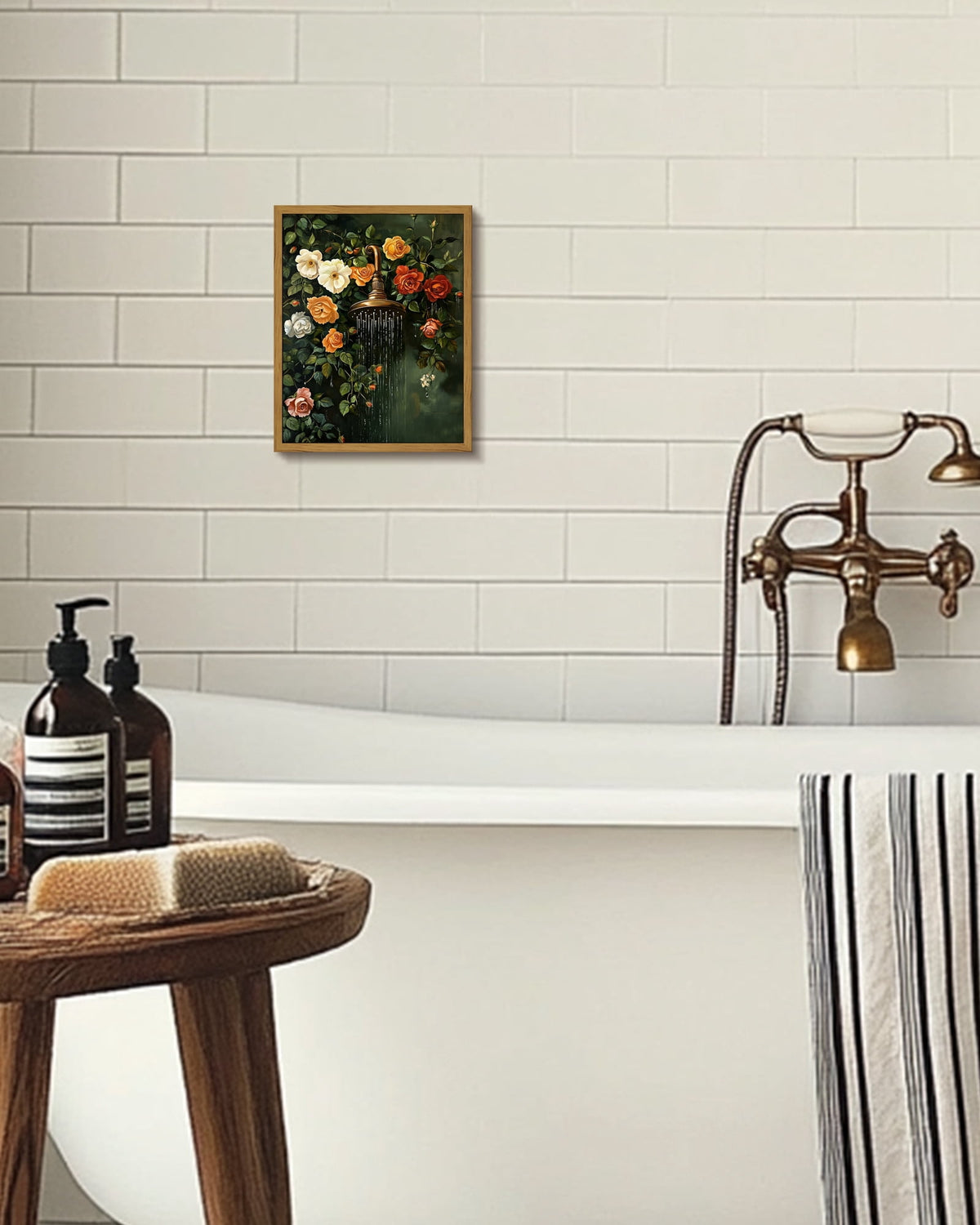 Drsoum Floating Floral Shower Wall Art Vintage Botanical Flower Canvas Print Romantic Garden Roses and Waterfall Painting Nature Inspired Bathroom Living Room 8x10in Brown Framed