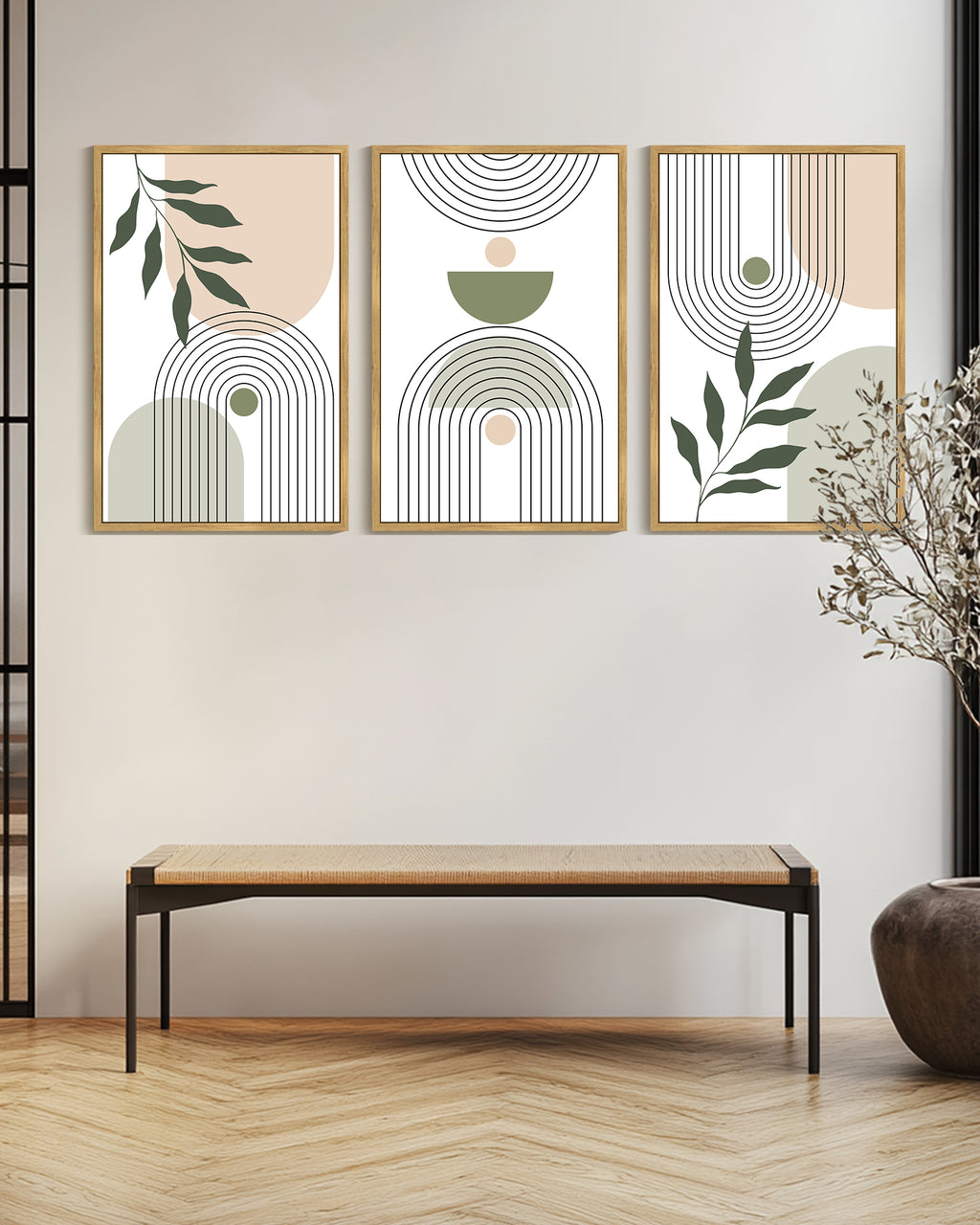 Drsoum Large 24x36in3pcs Natural Framed Plant Wall Art Green Botanical Abstract Decor for Office Bathroom