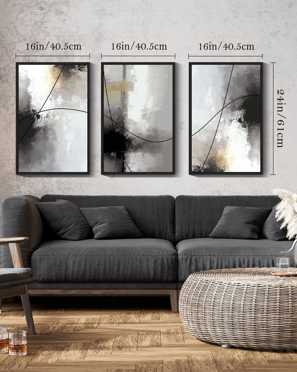 Drsoum Abstract Wall Art 16x24in3pcs Black Framed Minimalism Print Artwork for Bedroom living room Dining room Kitch