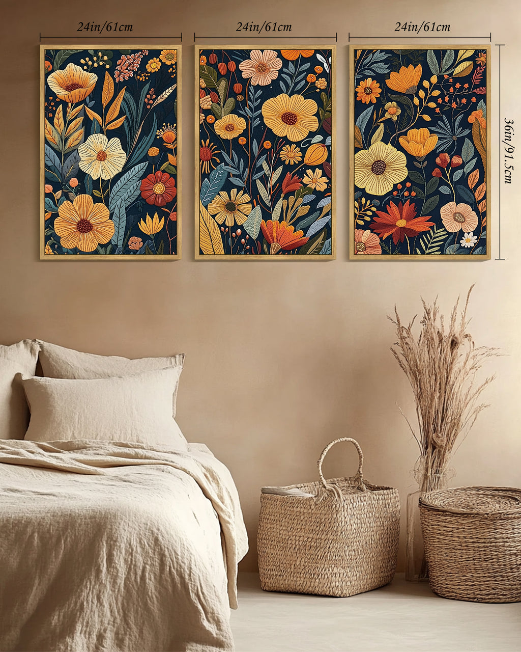 Drsoum Large 24x36in3pcs Natural Framed Flower wall Art Floral Wildflowers Decor for Bedroom living Room