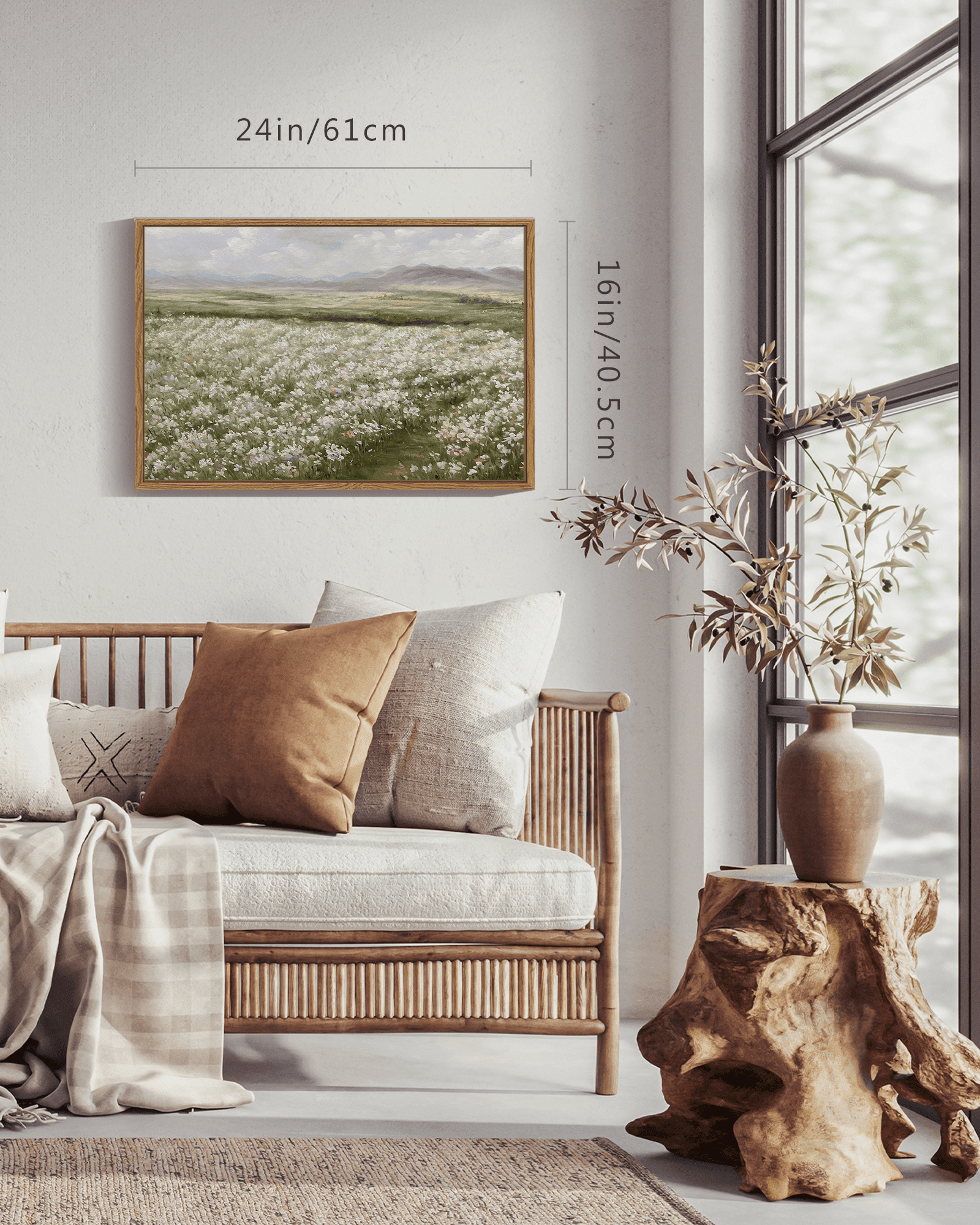 Drsoum 16x24in Landscape Artwork Wall Art Prairie in Full Bloom Classic Prints Modern Farmhouse Hallway Dining Room Office Decor - Natural Framed
