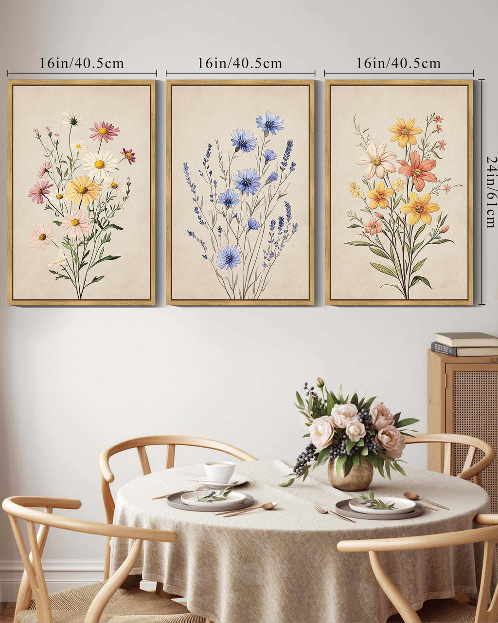 Drsoum Flower Wall Decor 16x24in3pcs Natural Framed Colorful Botanical Pictures Art Bathroom Home Office