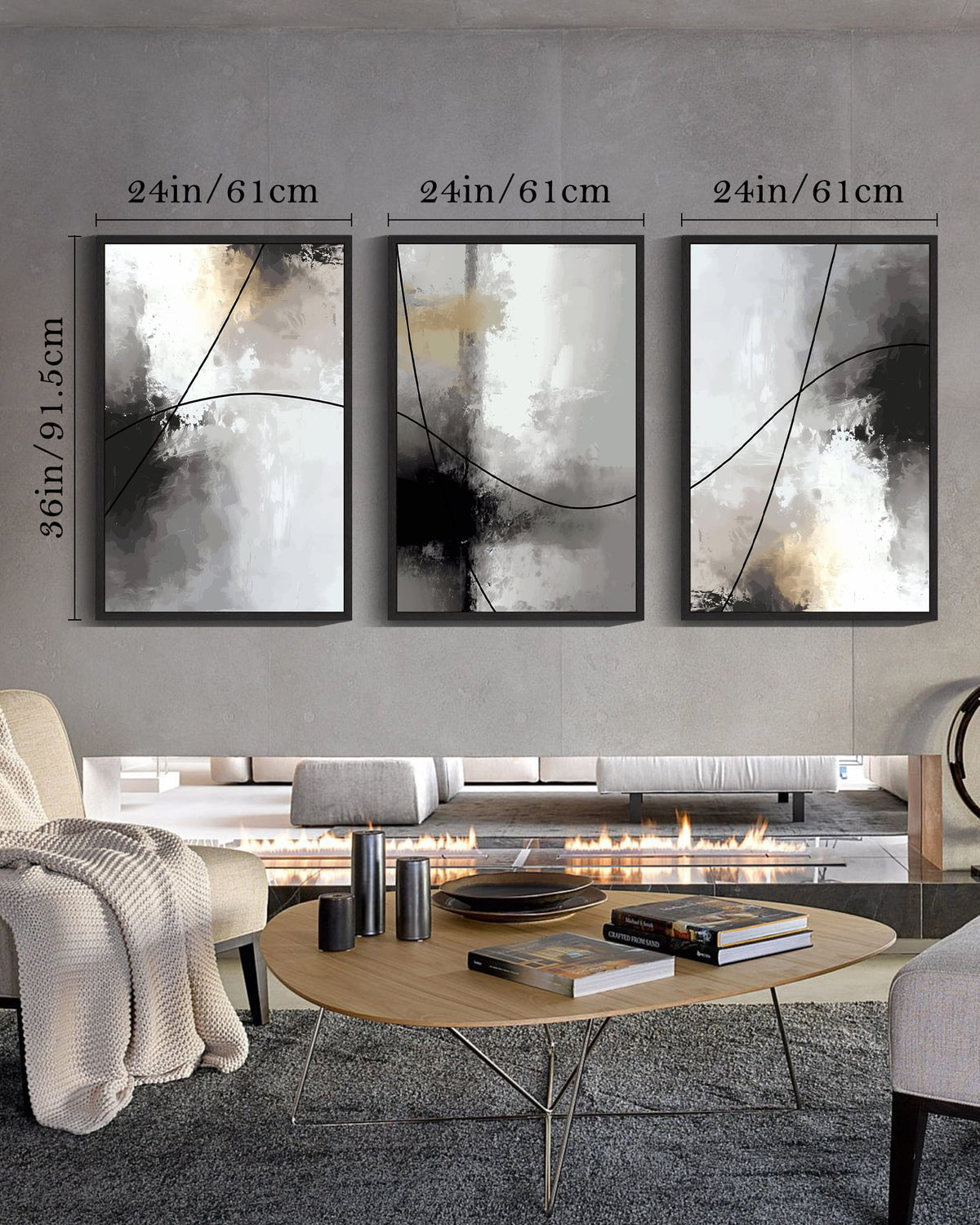 Drsoum Large Abstract Wall Art 24x36in3pcs Black Framed Black Line Modern Minimalist Painting Decor Graffiti Artwork