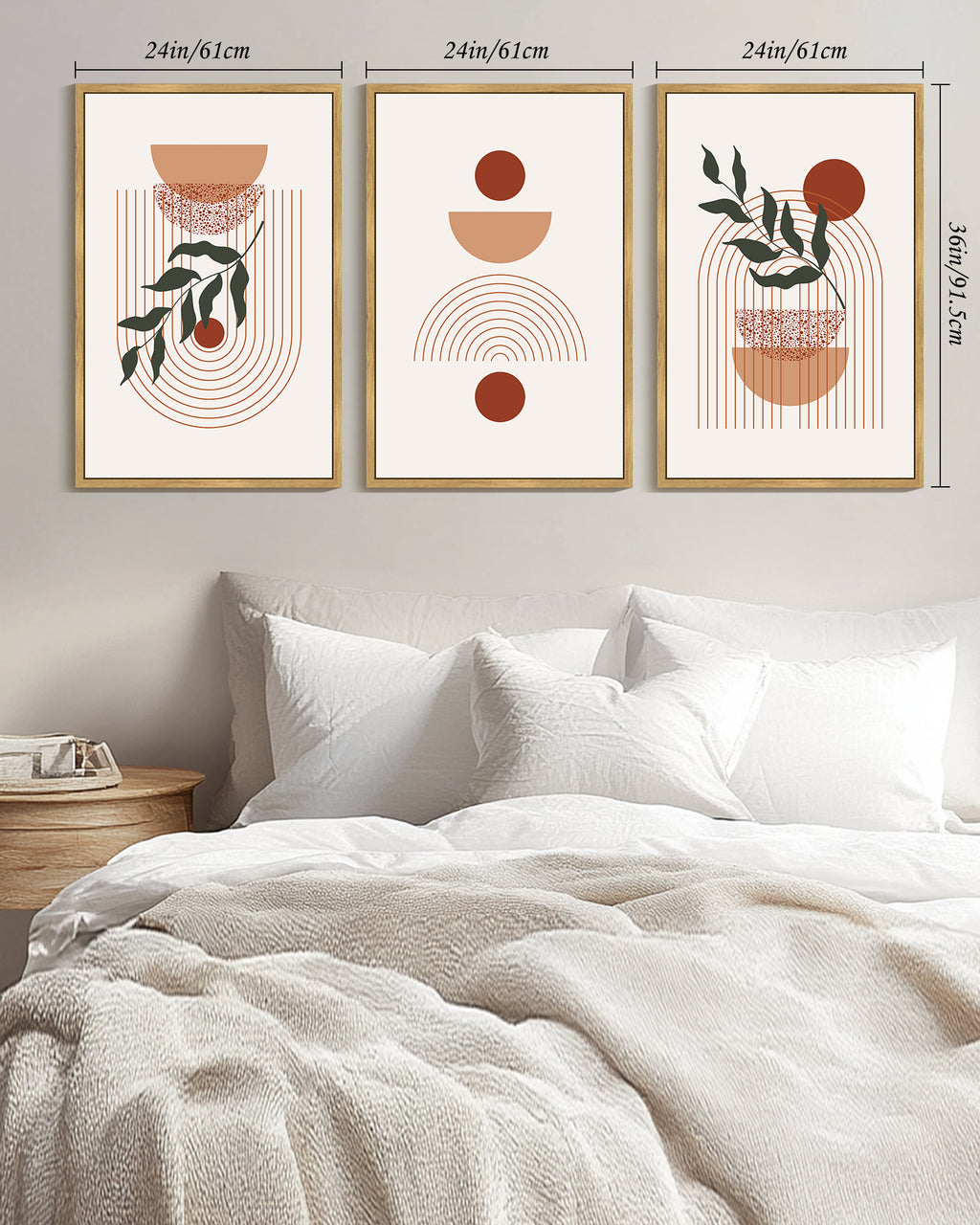 Drsoum Large 24x36in3pcs Natural Framed Boho Wall Decor Leaf Bohemia Decor Modern Abstract Geometry Painting for Kitchen Hallway