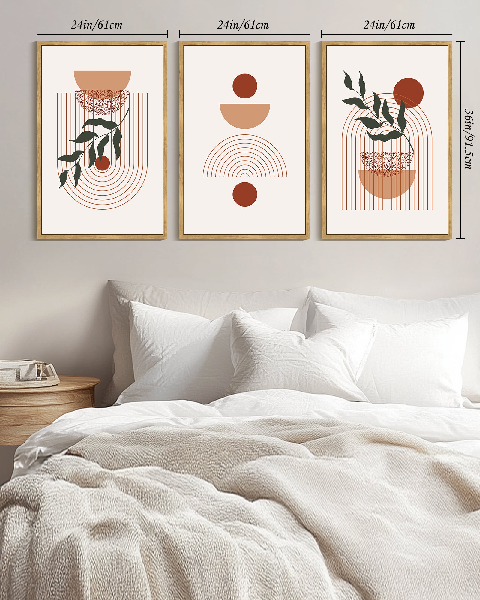 Drsoum Large 24x36in3pcs Natural Framed Boho Wall Decor Leaf Bohemia Decor Modern Abstract Geometry Painting for Kitchen Hallway