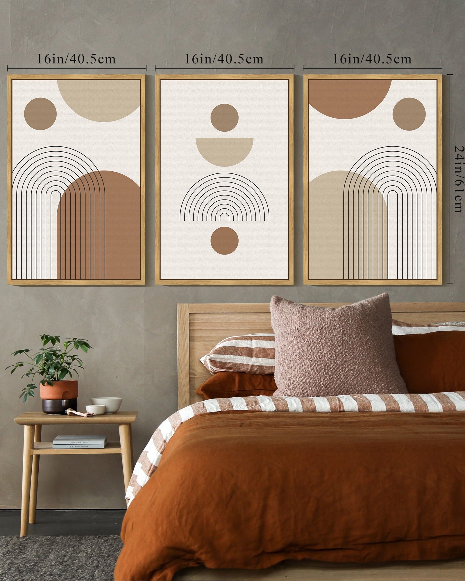 Drsoum Abstract Wall Art 16x24in3pcs Natural Framed Bohemia Line Printing Minimalist for Bathroom Prints with Sun Lines
