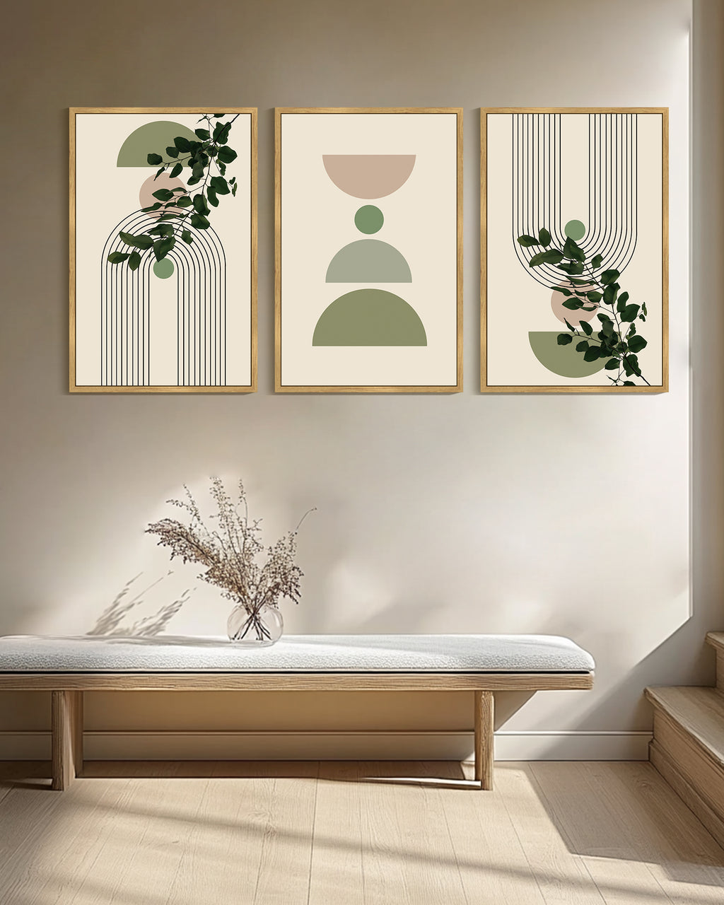 Drsoum Large 24x36in3pcs Natural Framed Bohemia Modern Prints with Green Leaf Wall Art Bedroom Living Room Decor