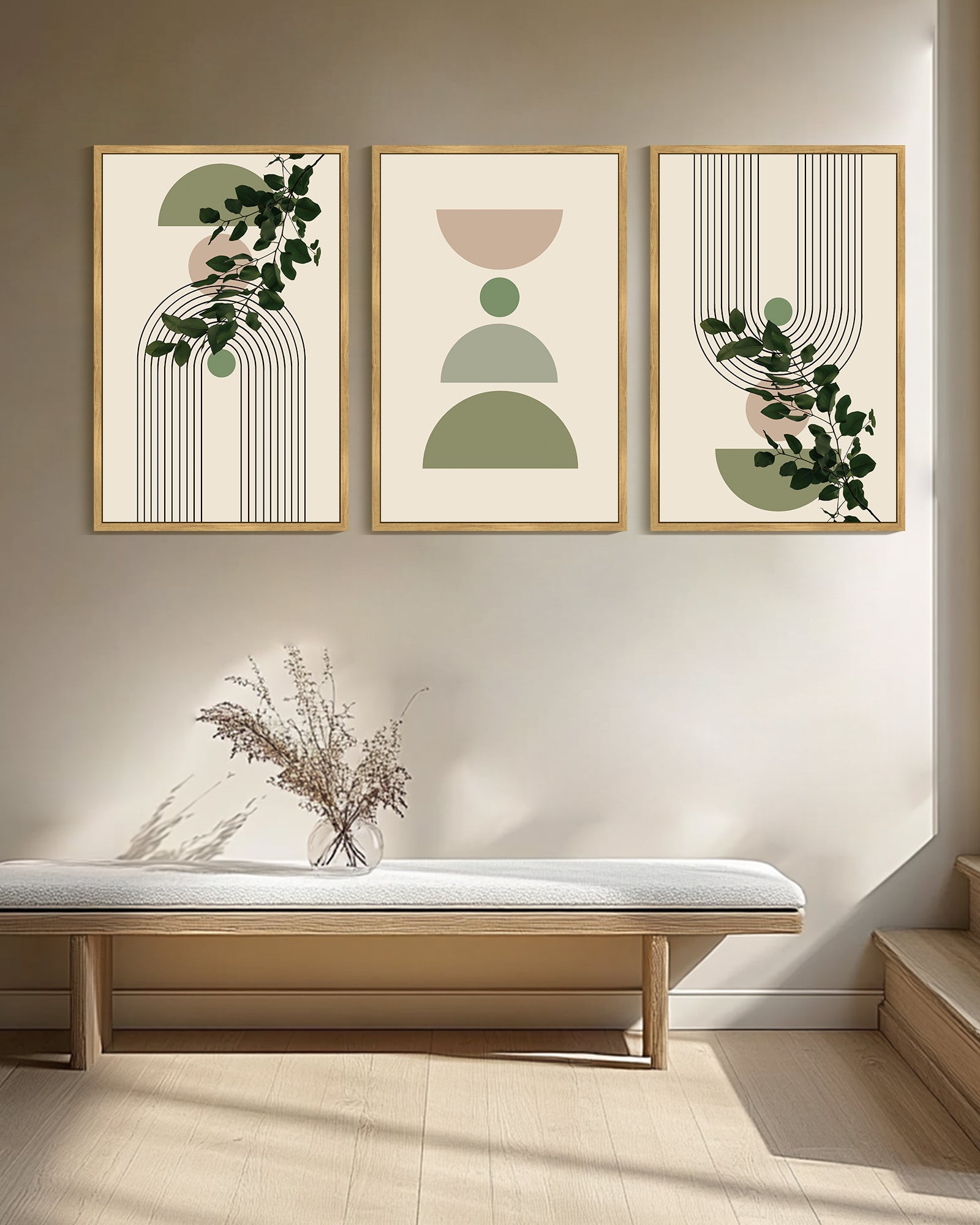 Drsoum Large 24x36in3pcs Natural Framed Bohemia Modern Prints with Green Leaf Wall Art Bedroom Living Room Decor