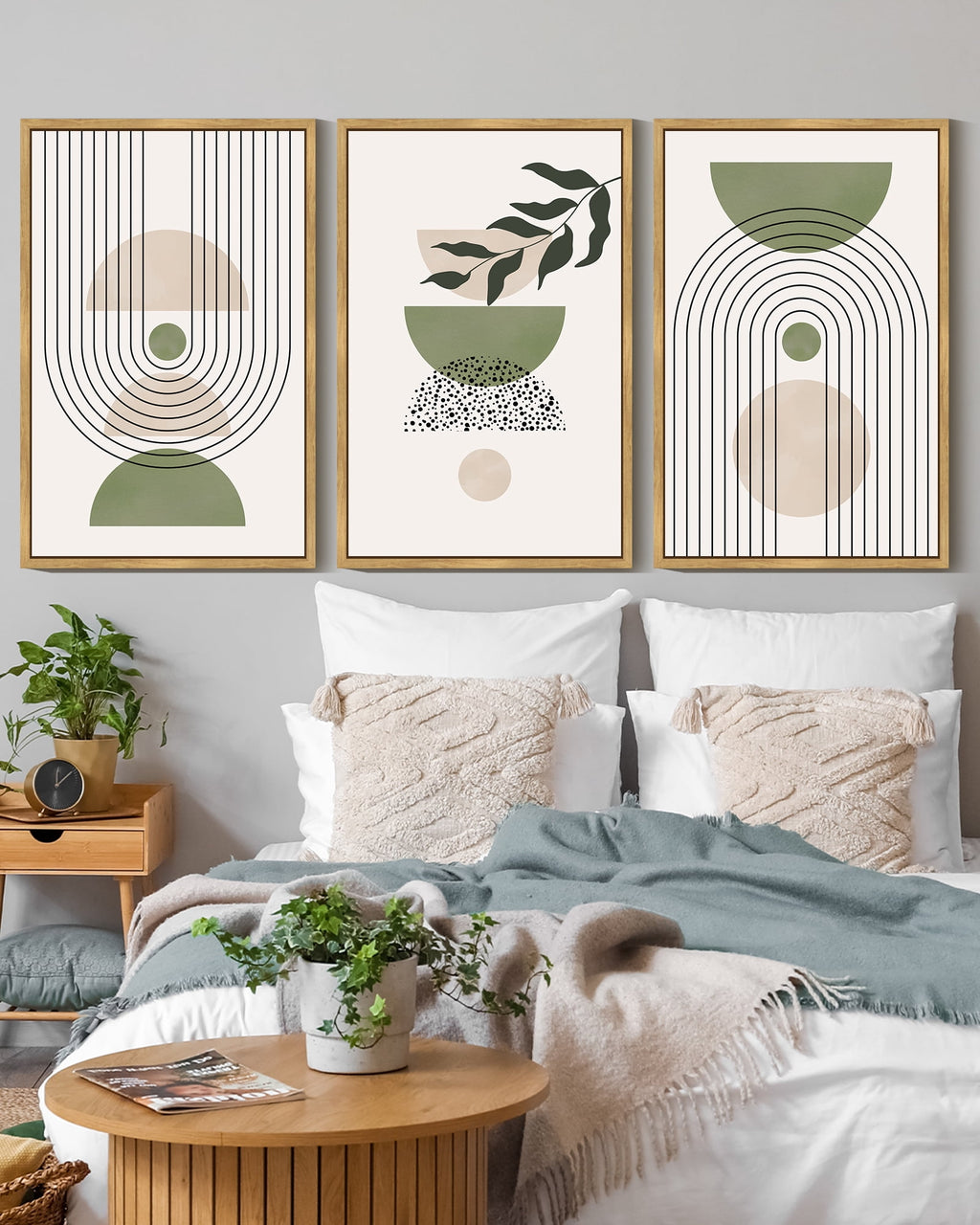 Drsoum Leaf Wall Art 16x24in3pcs Natural Framed Green Botanical Boho Printing Minimalist for Bathroom Prints