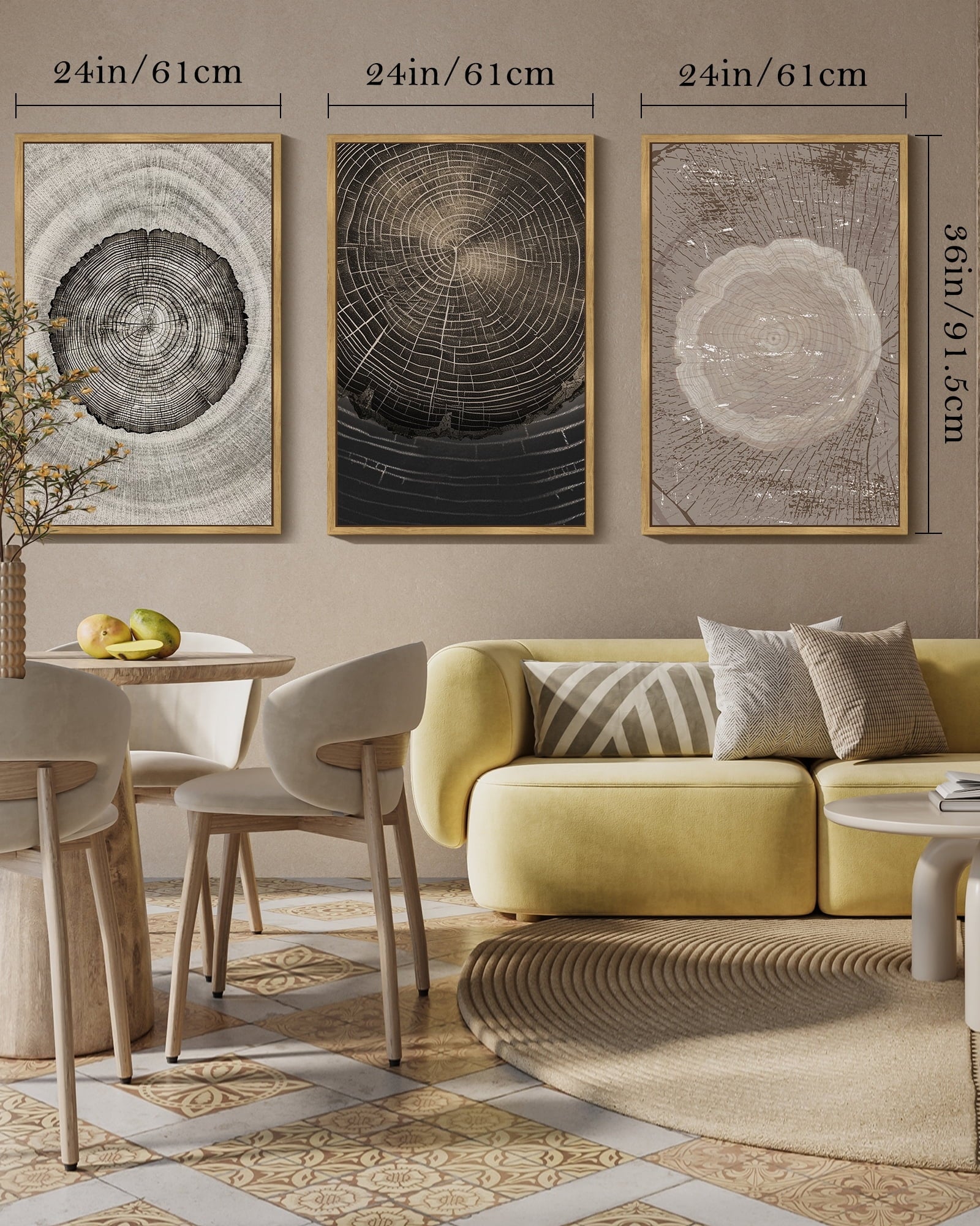 Vintage Wood Tree Rings Wall Art Farmhouse Rustic Framed Canvas Paintings Nature Artwork for Office Dining Room Hallway 24x36in Natural Framed