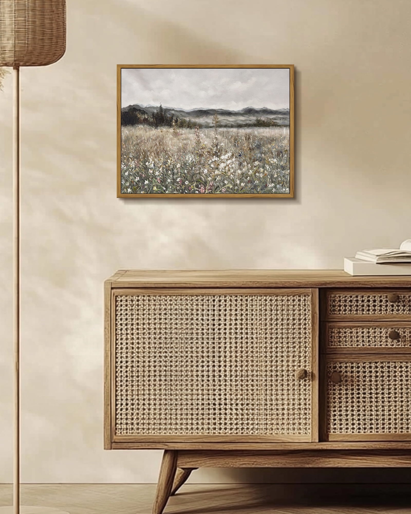 Drsoum Retro Farmhouse Boho Vintage Framed Canvas Wall Art Prints Meadow Flowers Painting 12x16in Natural Framed