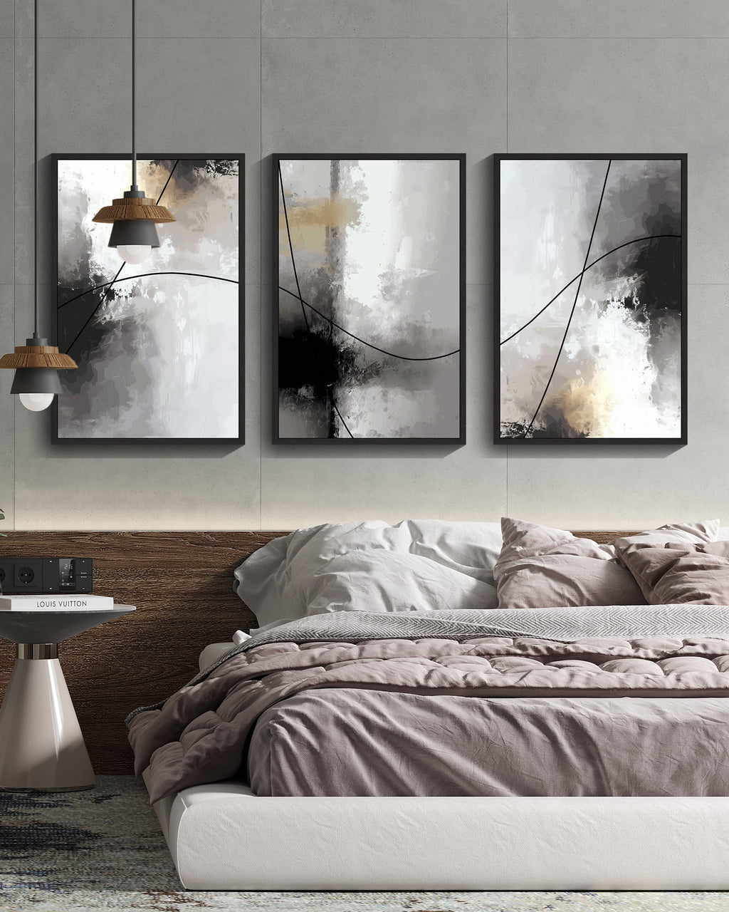 Drsoum Large Abstract Wall Art 24x36in3pcs Black Framed Black Line Modern Minimalist Painting Decor Graffiti Artwork