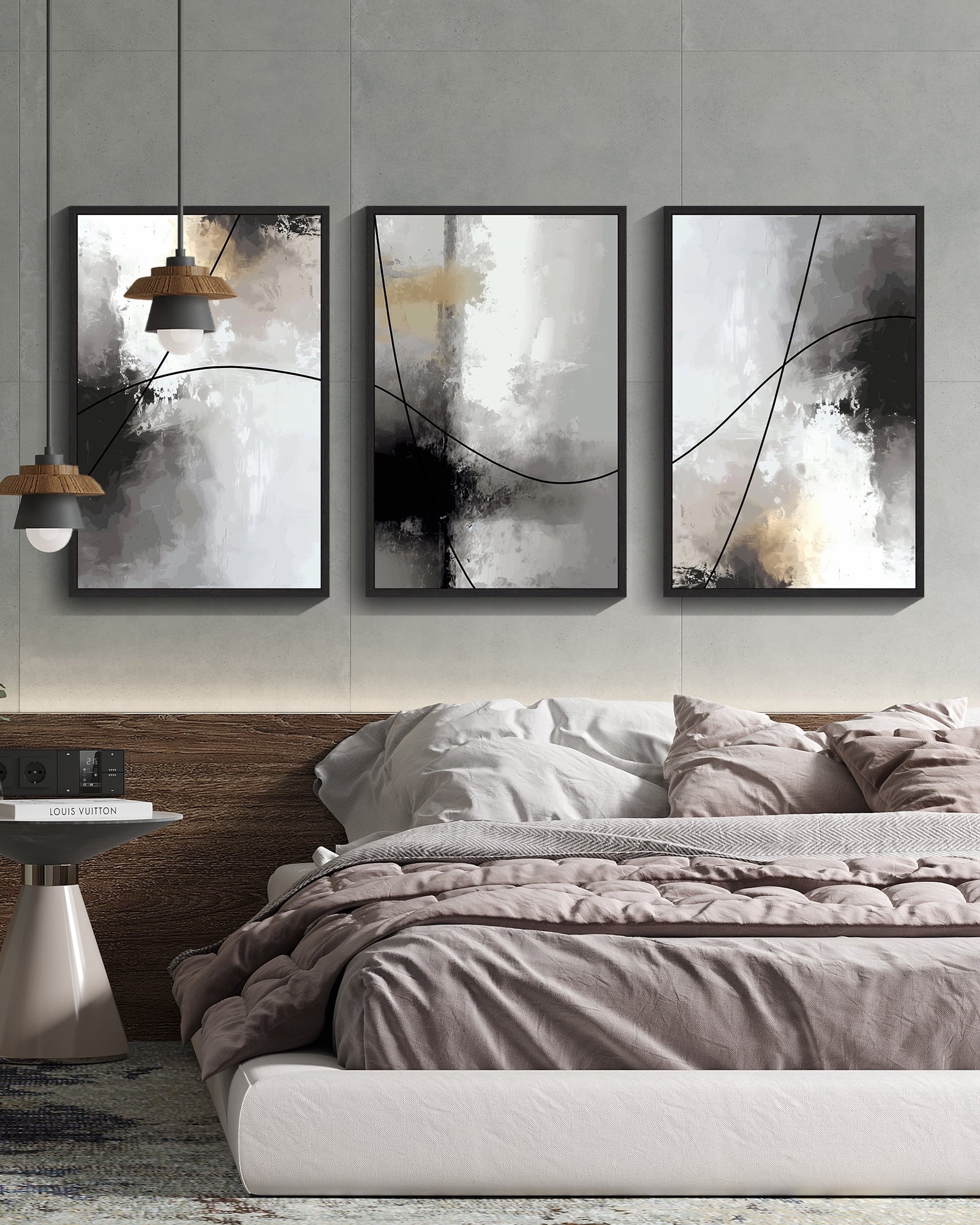 Drsoum Large Abstract Wall Art 24x36in3pcs Black Framed Black Line Modern Minimalist Painting Decor Graffiti Artwork
