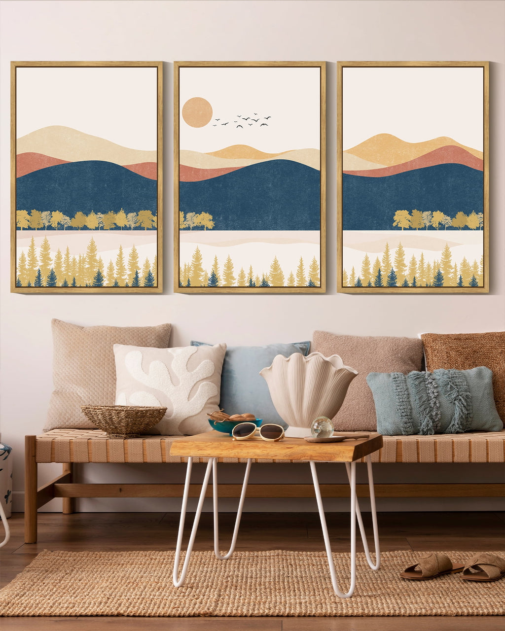 Drsoum Landscape Mountain Wall Art 16x24in3pcs Natural Framed Set Lake Sunrise Pine Tree Forest Art for Living Room Bedroom