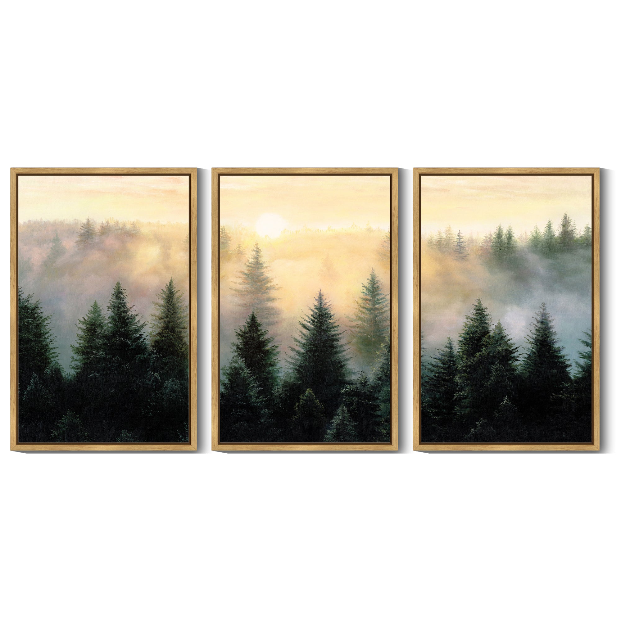 Drsoum Large 24x36in3pcs Natural Framed Fog Pine Green Tree Forest Art Nordic Modern Mountain work Prints Decor