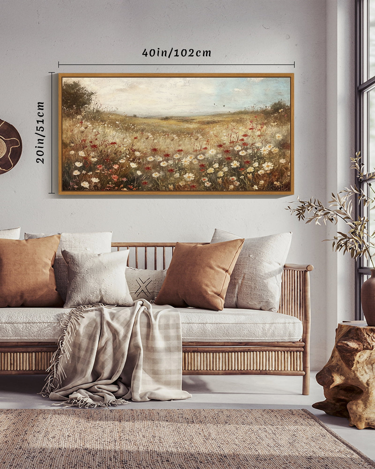 Drsoum 20x40in Natural Framed Rustic Floral Wall Art Landscape Wall Prints Farmhouse Hallways Dining Rooms Bedroom Living Rooms Decor
