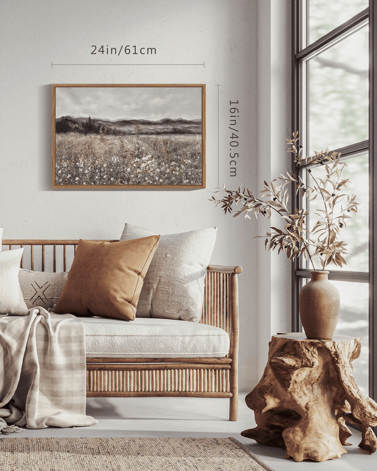 Drsoum Retro Scenery 16x24in Framed Meadow with Flowers Landscape Painting Modern Farmhouse Decor for Living Room