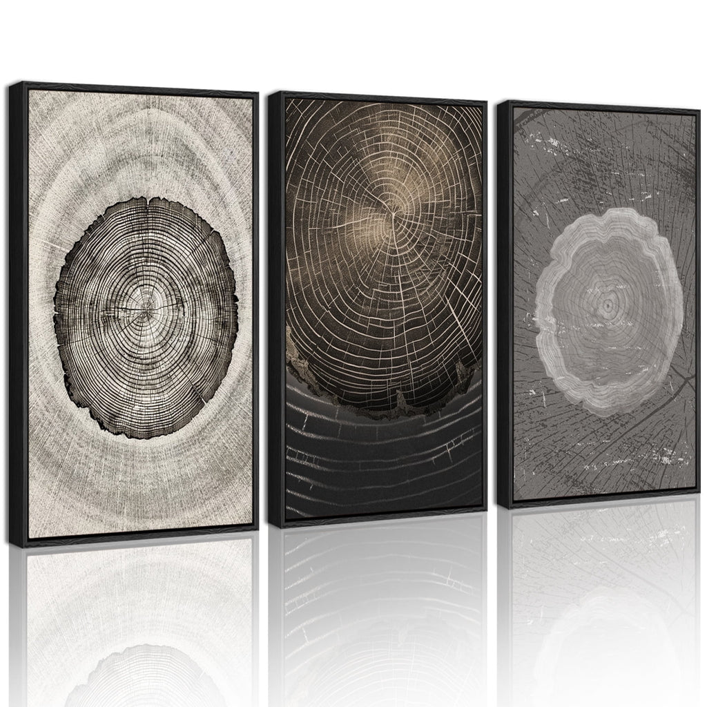 16x24in Black Framed Vintage Wood Tree Rings Wall Art Farmhouse Rustic Framed for Office Dining Room Hallway Canvas Paintings Nature Artwork