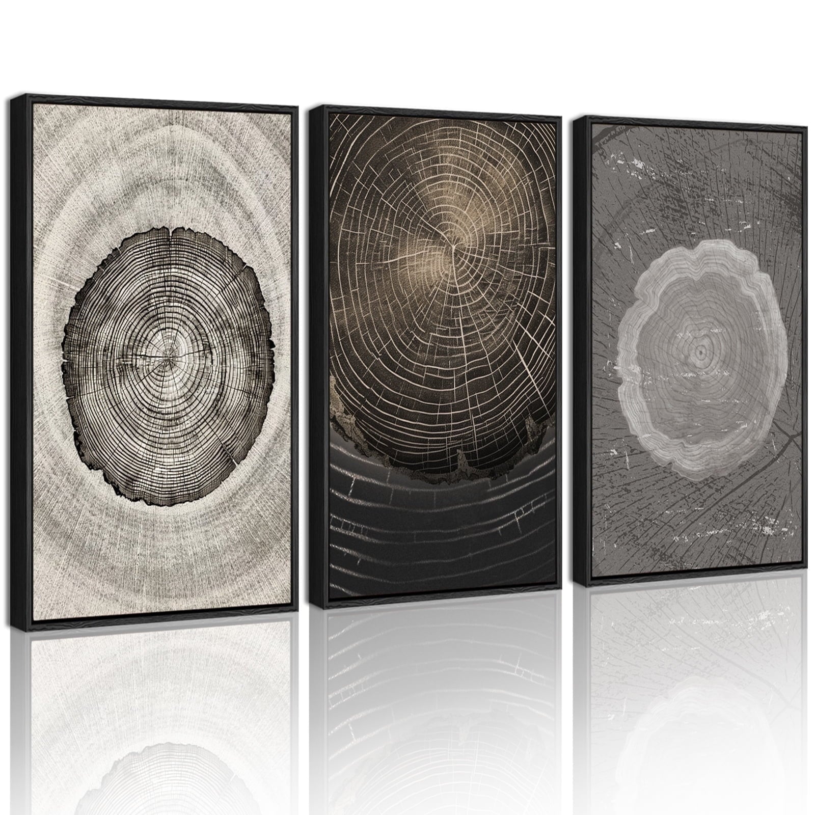 Drsoum Vintage Wood Tree Rings Wall Art Farmhouse Rustic Framed for Office Dining Room Hallway Canvas Paintings Nature Artwork 16x24in Black Framed