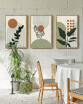 16x24in Natural Framed Boho Plant Wall Art Green Botanical Bohemain Wall Printing Abstract for Office Dining Room Hallway Canvas Prints with Leaf & Sun Lines