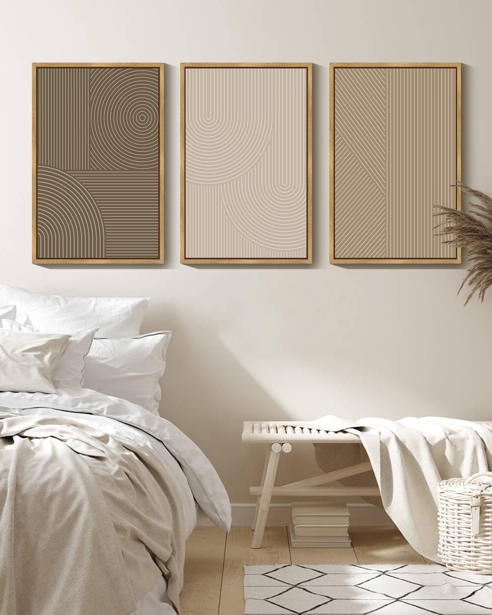 16x24in Natural Framed Minimalist Abstract Framed Wall Art Modern Boho Neutral Line Wall Decor Geometric Artwork Kitchen Dining Room