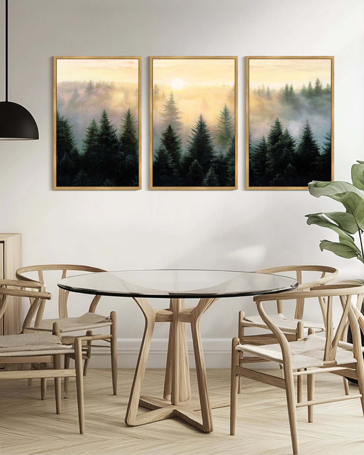 Drsoum Large 24x36in3pcs Natural Framed Fog Pine Green Tree Forest Art Nordic Modern Mountain work Prints Decor