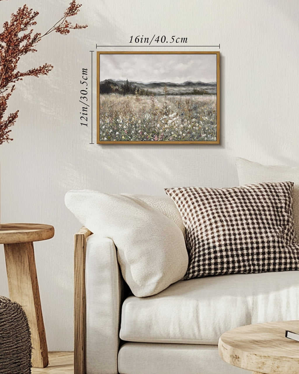 Drsoum Retro Farmhouse Boho Vintage Framed Canvas Wall Art Prints Meadow Flowers Painting 12x16in Natural Framed