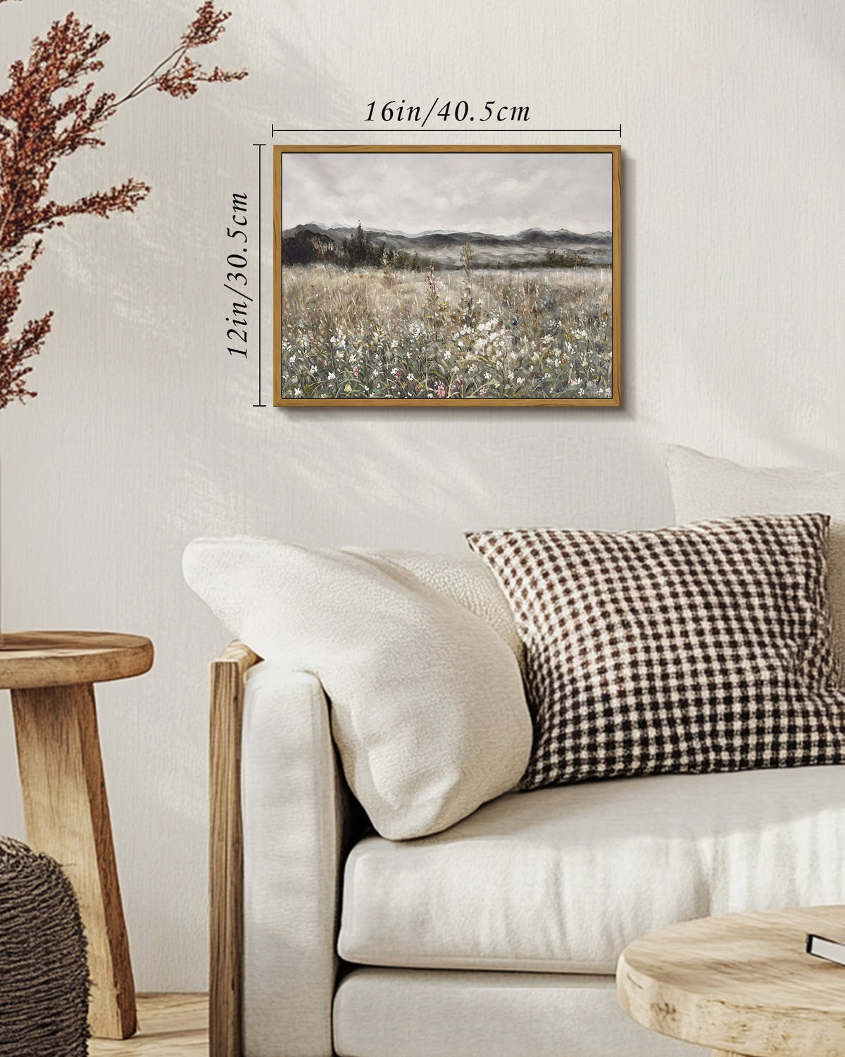Drsoum Retro Farmhouse Boho Vintage Framed Canvas Wall Art Prints Meadow Flowers Painting 12x16in Natural Framed