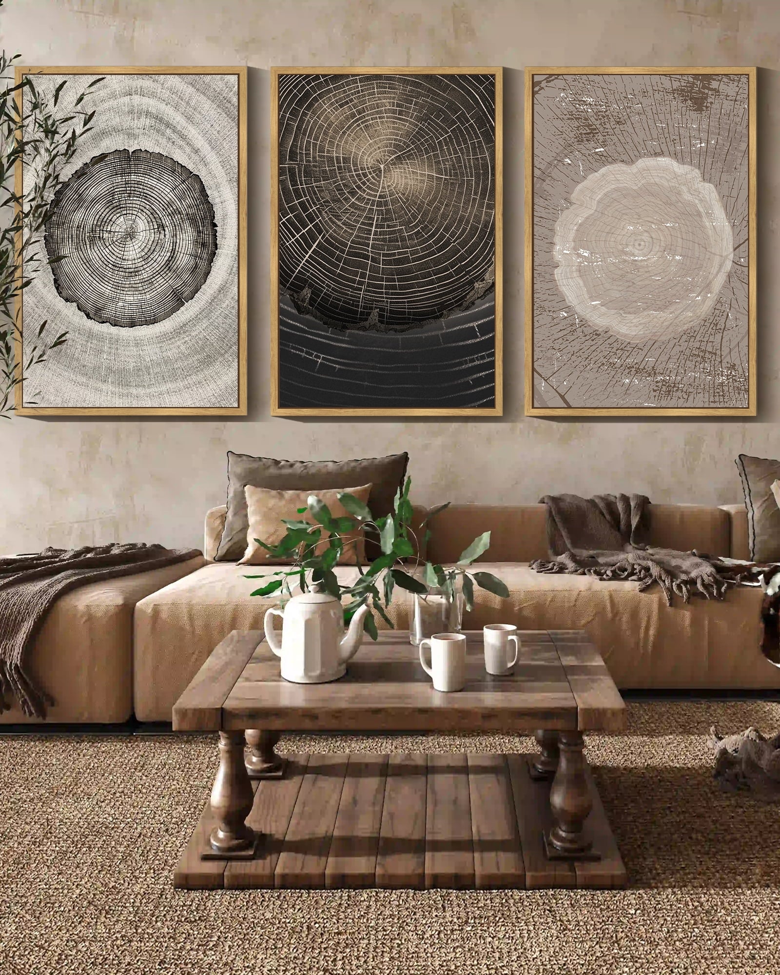 Vintage Wood Tree Rings Wall Art Farmhouse Rustic Framed Canvas Paintings Nature Artwork for Office Dining Room Hallway 24x36in Natural Framed