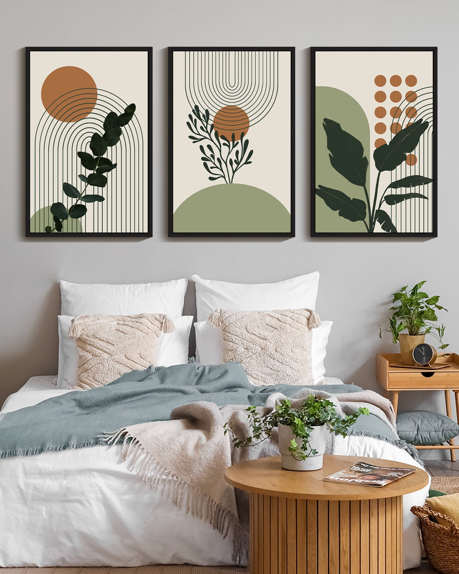 Drsoum Boho Plant Wall Art 24x36in3pcs Black Framed Bohemain Wall Printing Abstract Canvas Prints with Leaf & Sun Lines Bedroom Living Room Decor ﻿ ﻿
