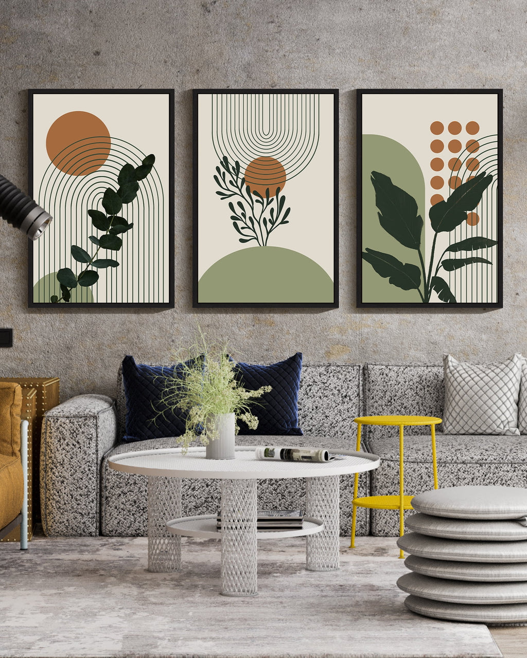 Drsoum Boho Plant Wall Art 24x36in3pcs Black Framed Bohemain Wall Printing Abstract Canvas Prints with Leaf & Sun Lines Bedroom Living Room Decor ﻿ ﻿