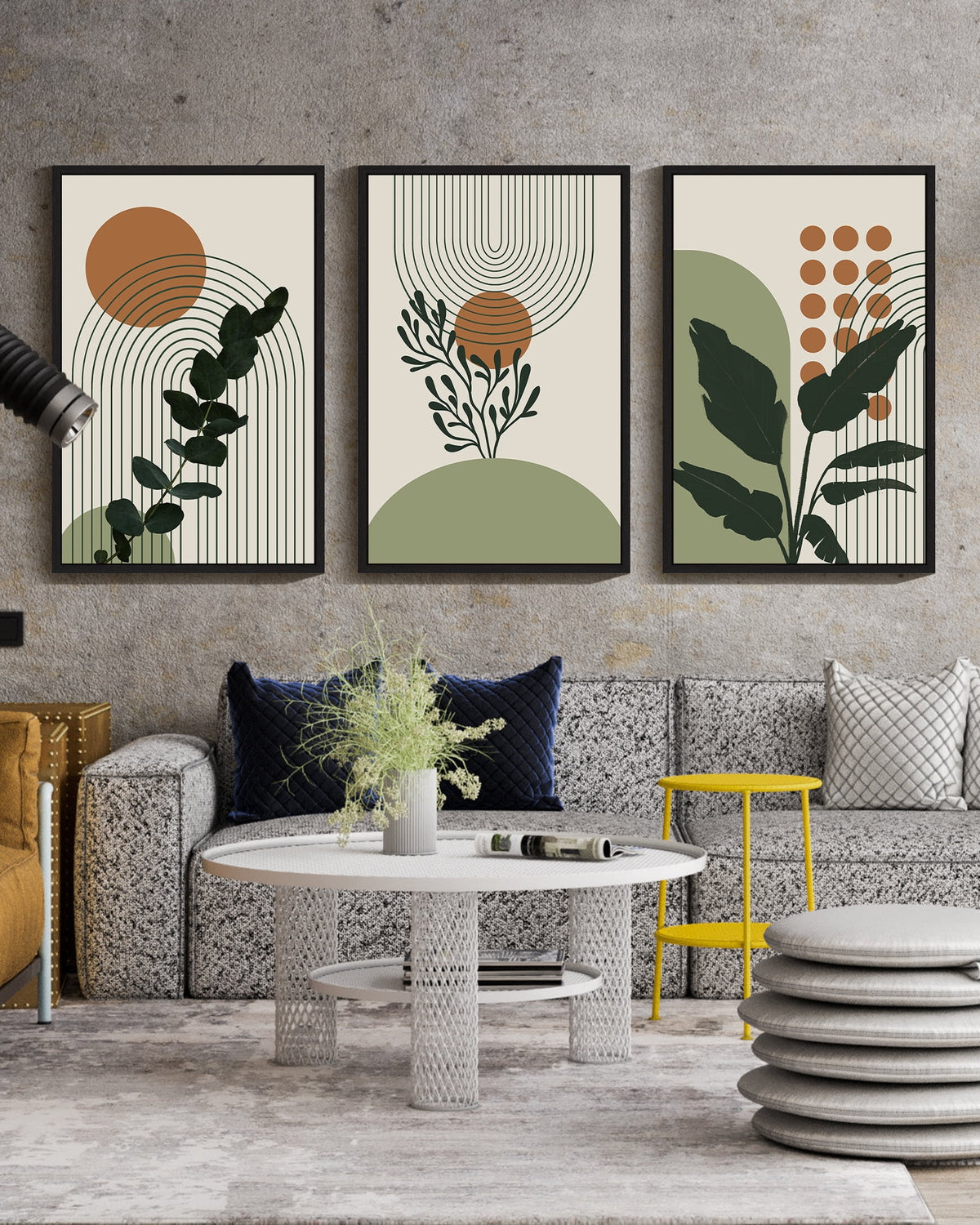 Drsoum Boho Plant Wall Art 24x36in3pcs Black Framed Bohemain Wall Printing Abstract Canvas Prints with Leaf & Sun Lines Bedroom Living Room Decor ﻿ ﻿