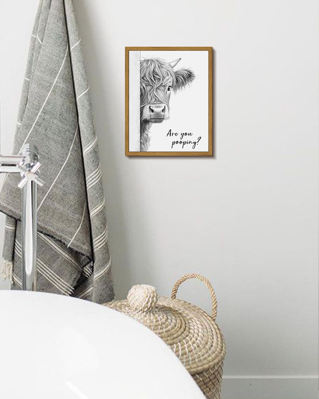 Drsoum Funny Highland Cow Bathroom Wall Art Rustic Farmhouse Wall Decor with Humorous Are You Pooping Canvas Print Cute Animal Canvas Art for Restroom 8x10in Brown Framed