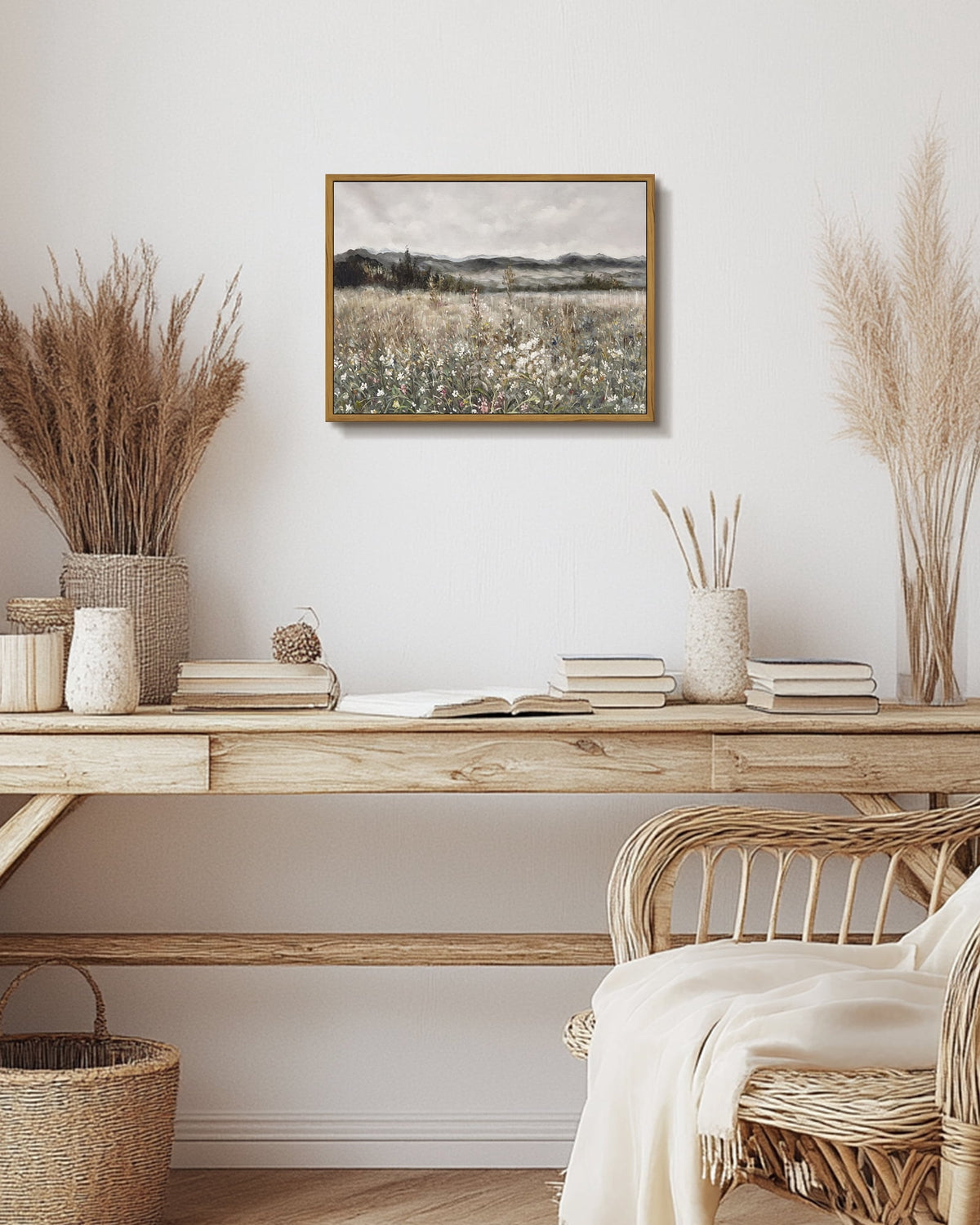 Drsoum Retro Farmhouse Boho Vintage Framed Canvas Wall Art Prints Meadow Flowers Painting 12x16in Natural Framed
