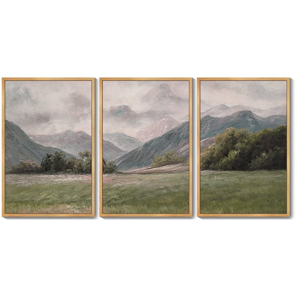 Drsoum Vintage Landscape 24x36in3pcs Brown Framed Wall Art Mountain Range Retro Classic Farmhouse Paints Rustic