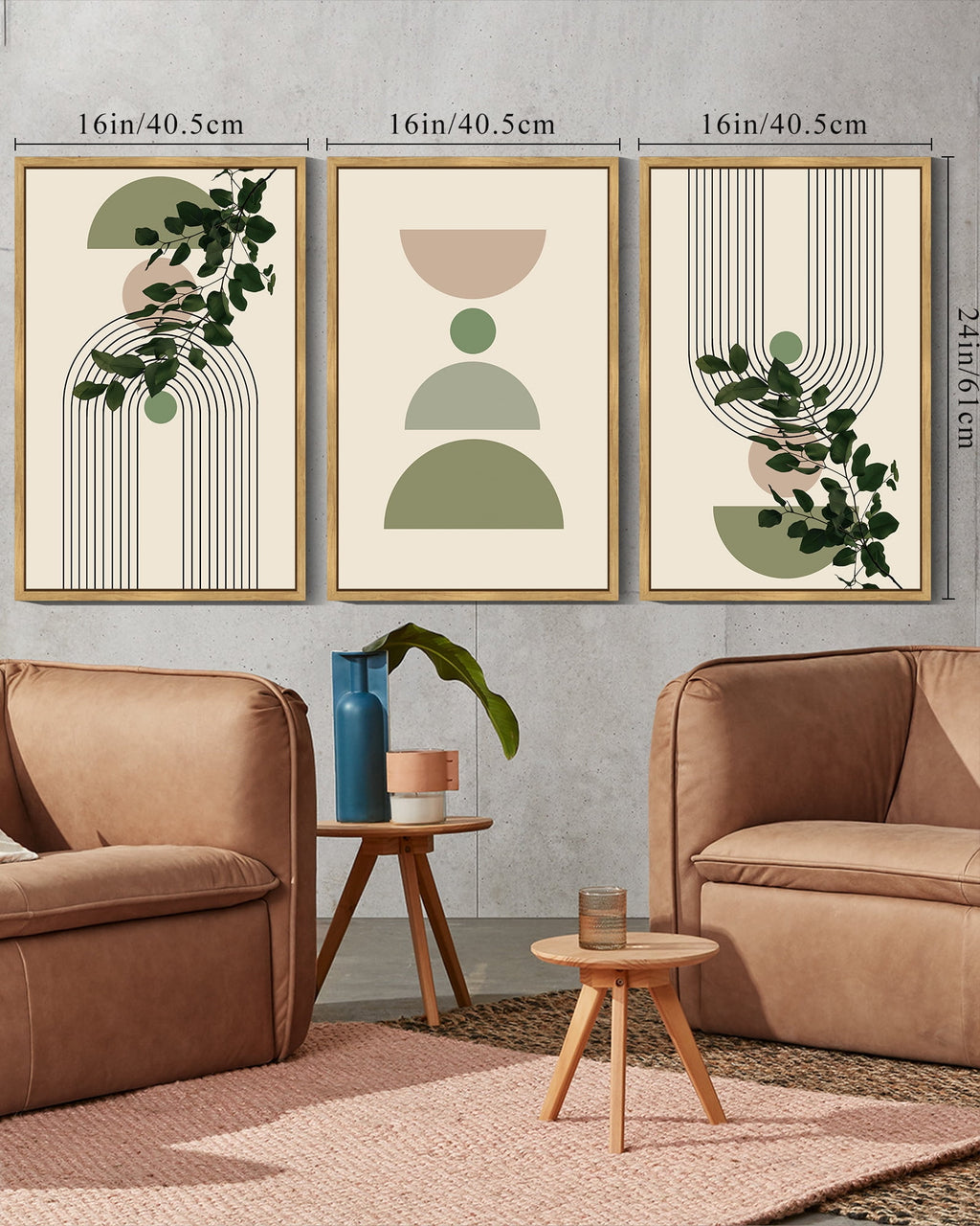 Drsoum Bohemia Decor 16x24in3pcs Natural Framed Modern Prints Abstract with Green Leaf Wall Printing Bedroom Living Room Decor