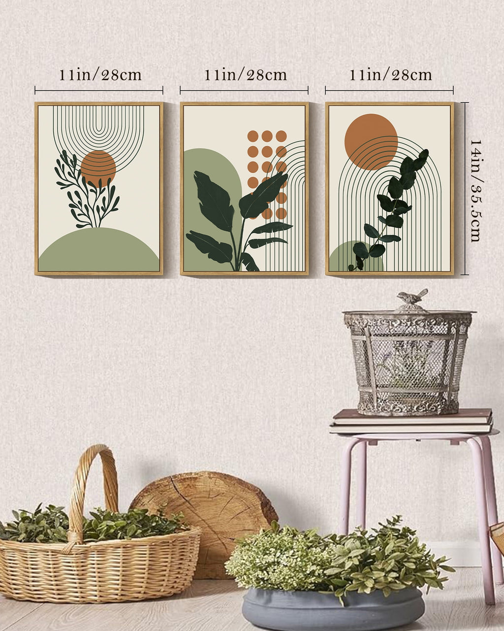 Boho Plant Wall Art 11x14in Natural Framed Green Botanical Bohemain Wall Printing Abstract Canvas Prints with Leaf & Sun Lines for Office Dining Room Hallway
