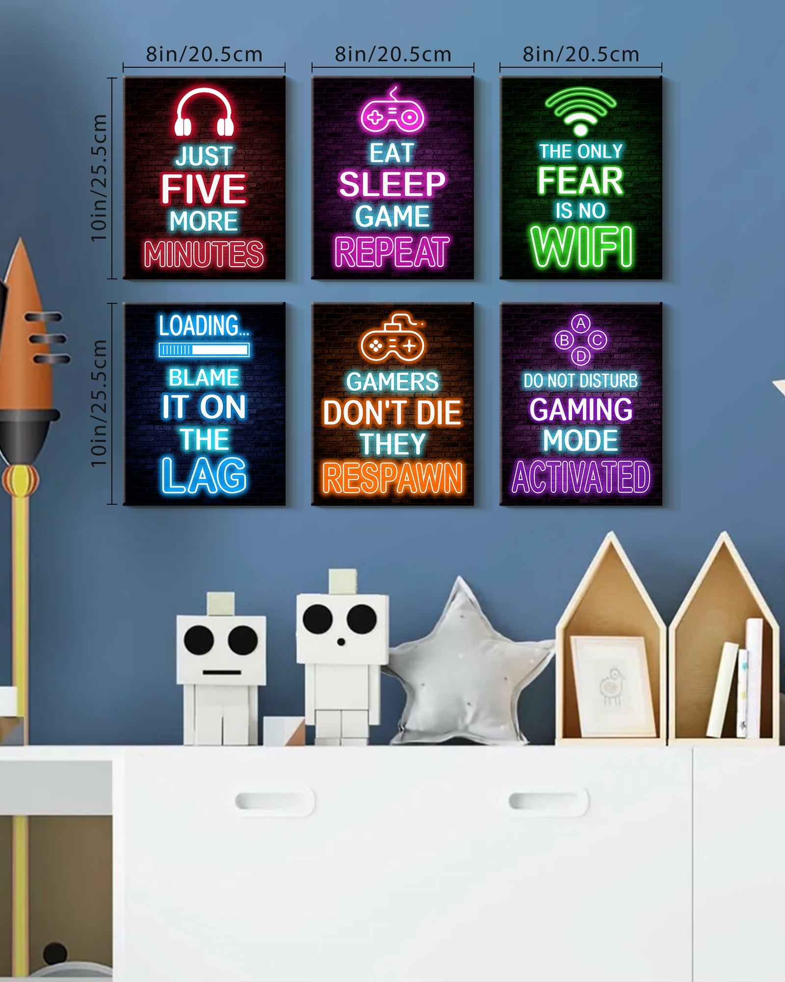 Drsoum Gamer Room Art for Boys Wall Art Neon Gaming Room Decor Game Poster Wall Decor Teenage Boy Room 8x10in6pcs Natural Framed