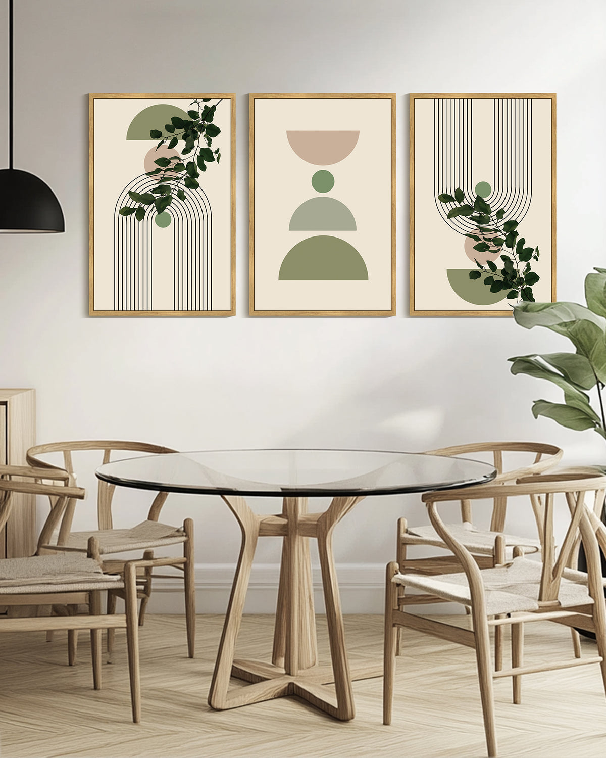 Drsoum Large 24x36in3pcs Natural Framed Bohemia Modern Prints with Green Leaf Wall Art Bedroom Living Room Decor