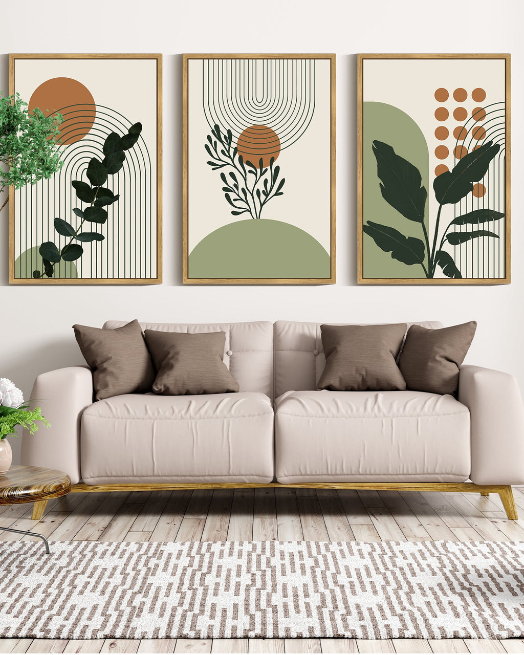 Green Botanical Bohemain Wall Boho Plant Wall Art Printing Abstract Canvas Prints with Leaf & Sun Lines for Office Dining Room Hallway 24x36in Natural Framed