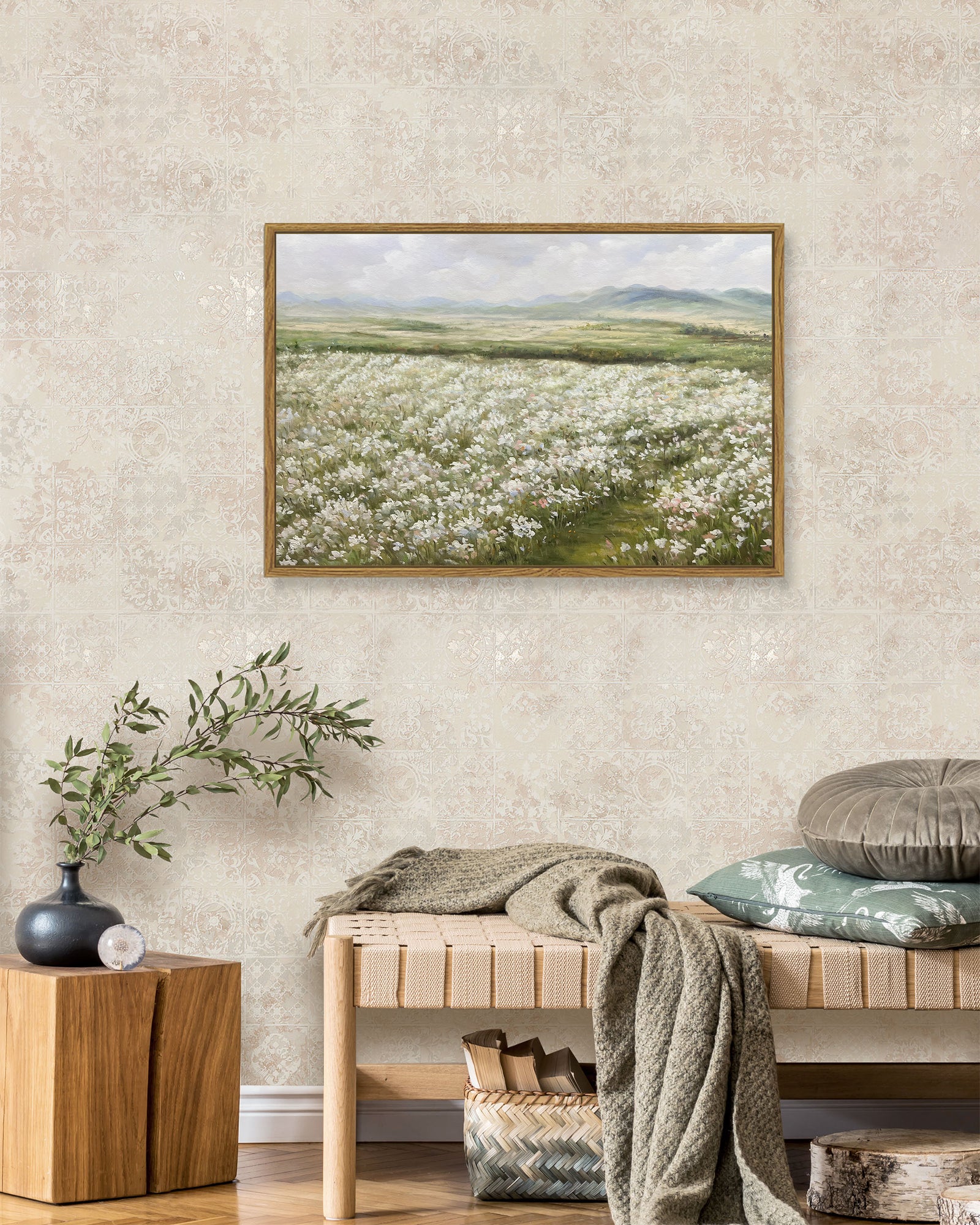 Drsoum 16x24in Landscape Artwork Wall Art Prairie in Full Bloom Classic Prints Modern Farmhouse Hallway Dining Room Office Decor - Natural Framed
